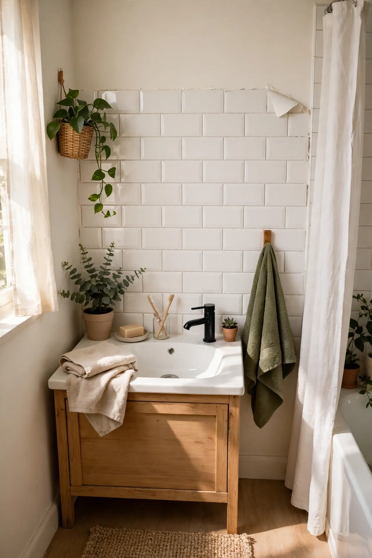 Peel-and-Stick Subway Tiles on a Backsplash in a budget-friendly bathroom with natural light