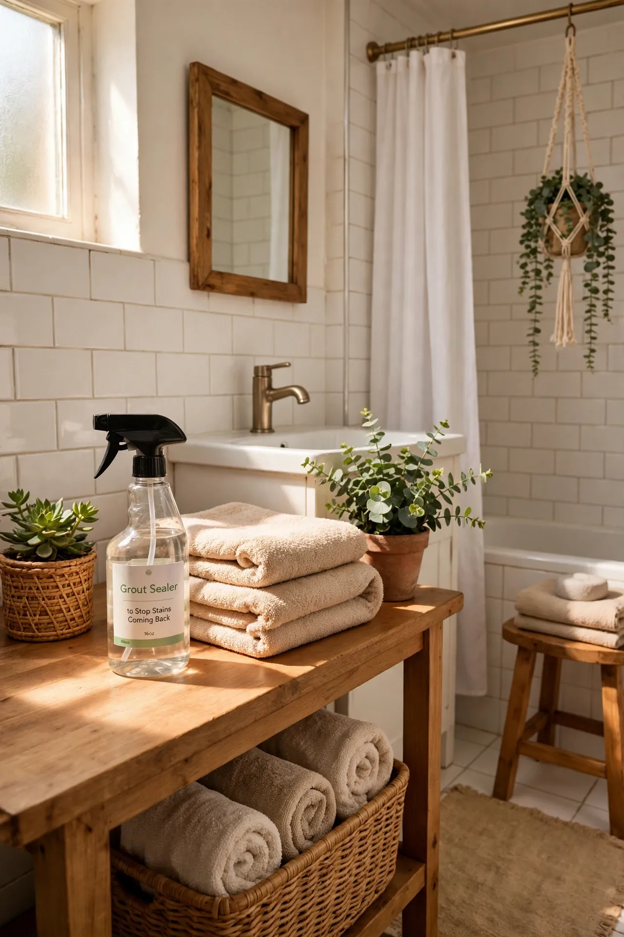 Grout Sealer to Stop Stains Coming Back in a budget-friendly bathroom with natural light