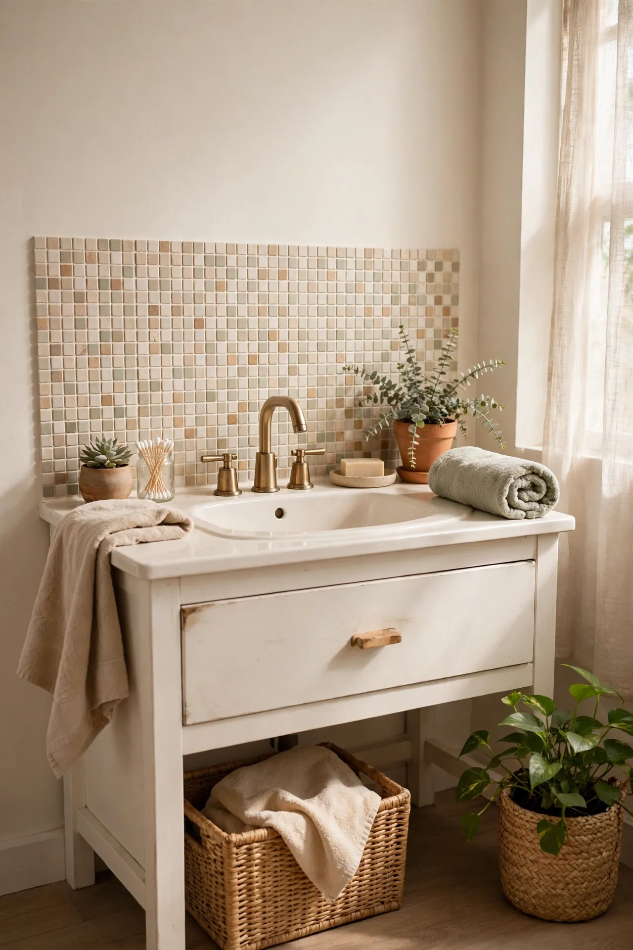 Mosaic Tile Stickers on a Plain Vanity Splashback in a budget-friendly bathroom with natural light