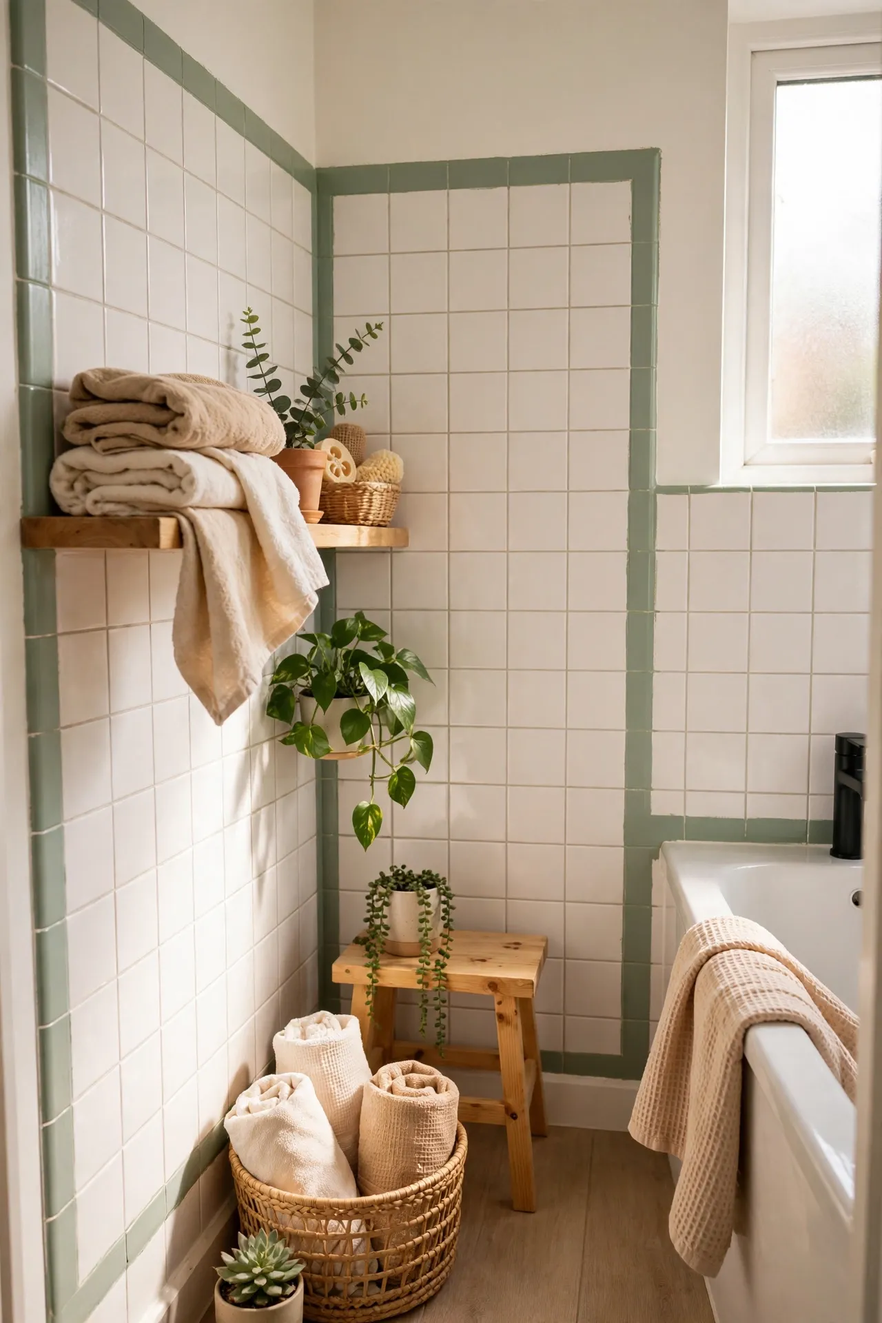 Paint Only the Tile Border for a Fresh Edge in a budget-friendly bathroom with natural light