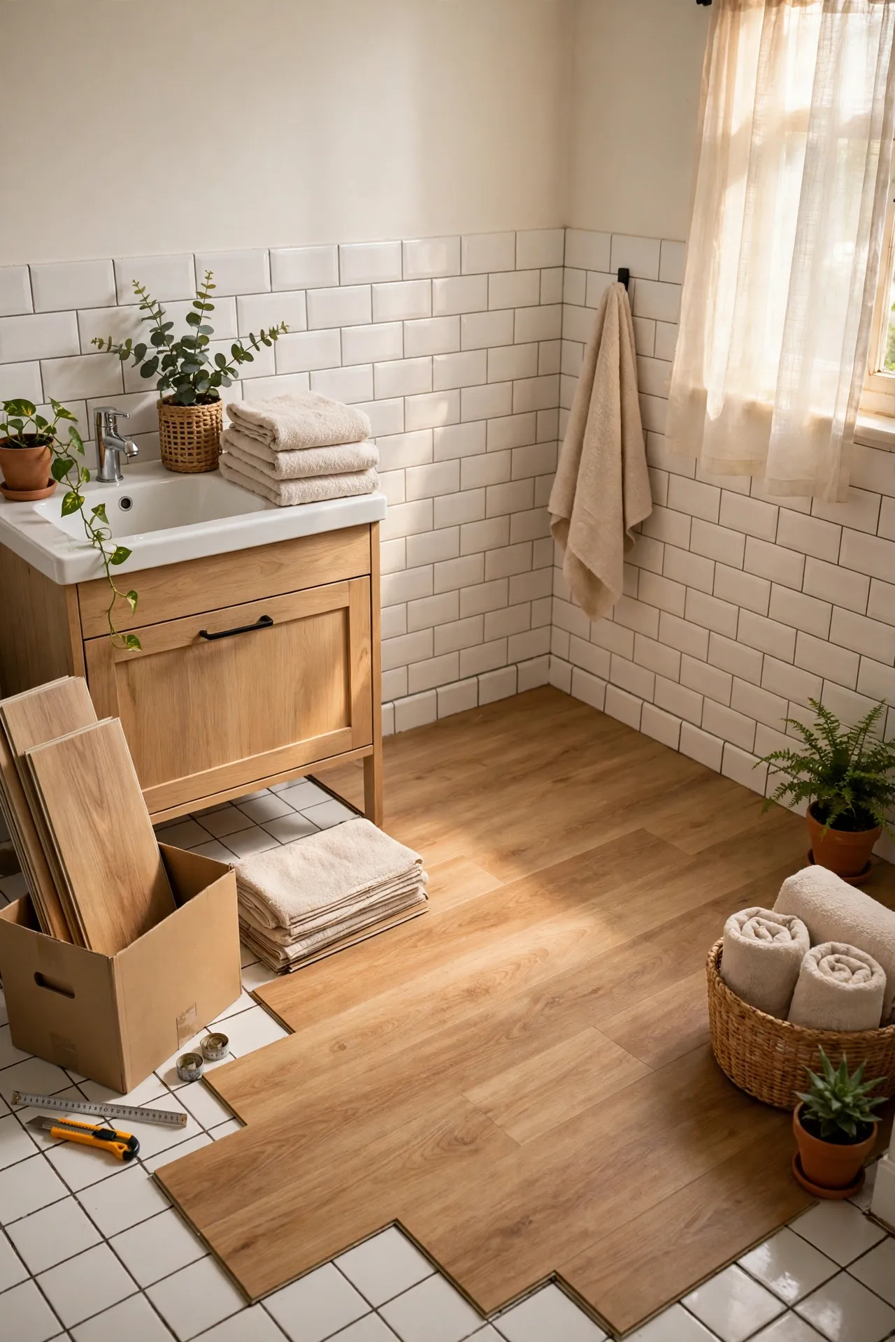 Cover Floor Tiles With Waterproof Vinyl Planks in a budget-friendly bathroom with natural light
