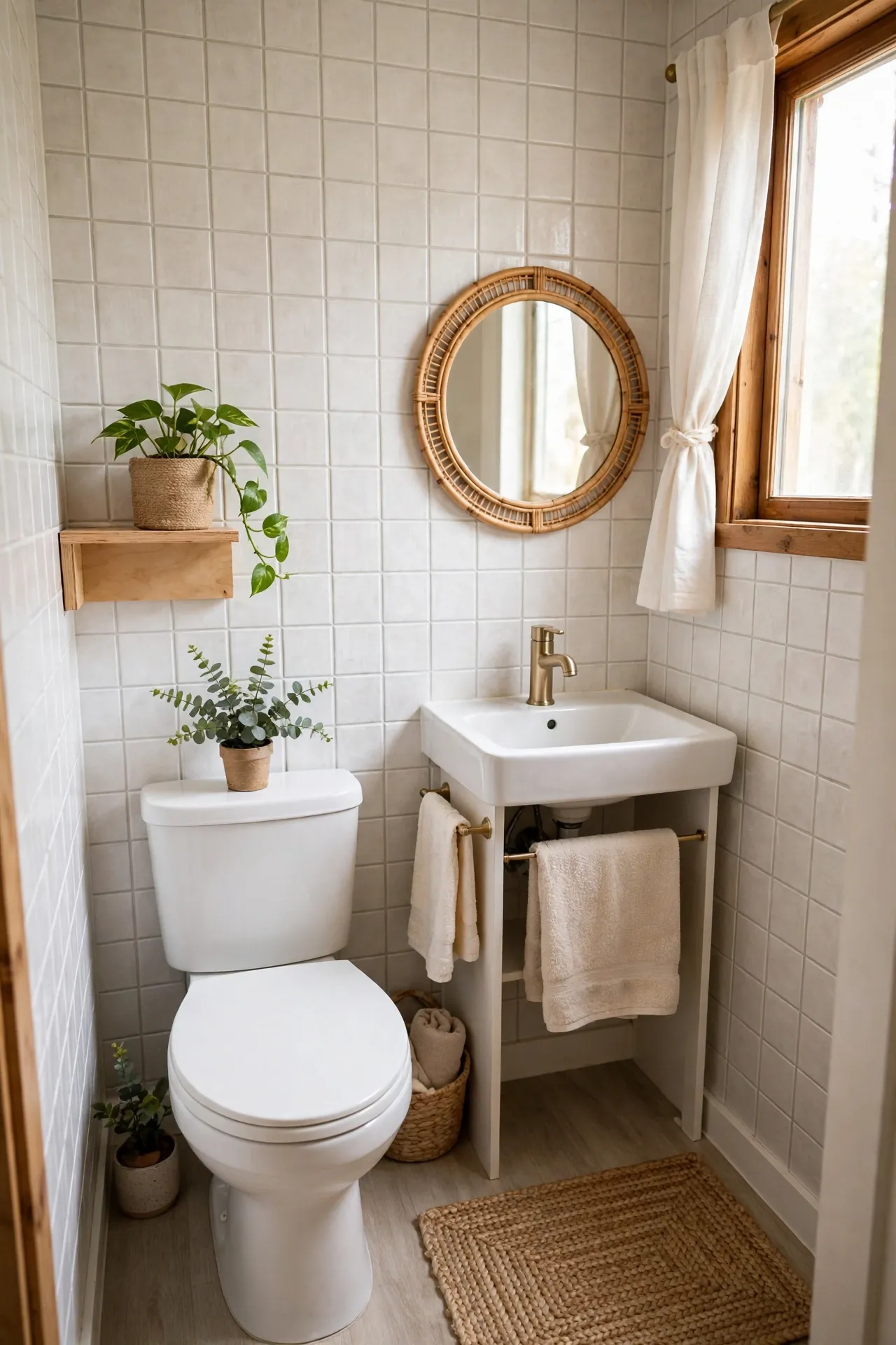 Tile-Effect Wallpaper in a Half Bath in a budget-friendly bathroom with natural light