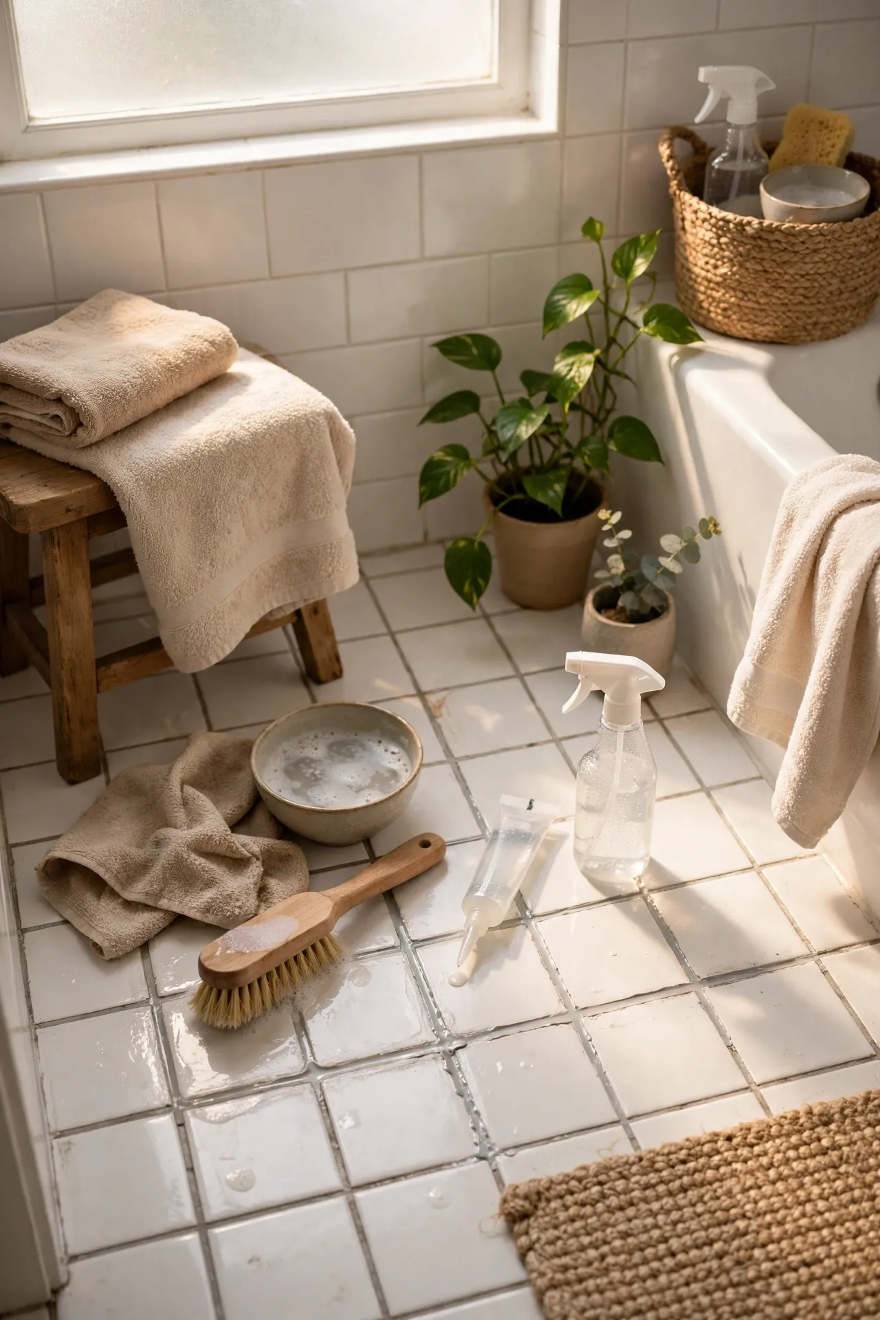 Deep-Clean and Reseal Old Grout Lines in a budget-friendly bathroom with natural light