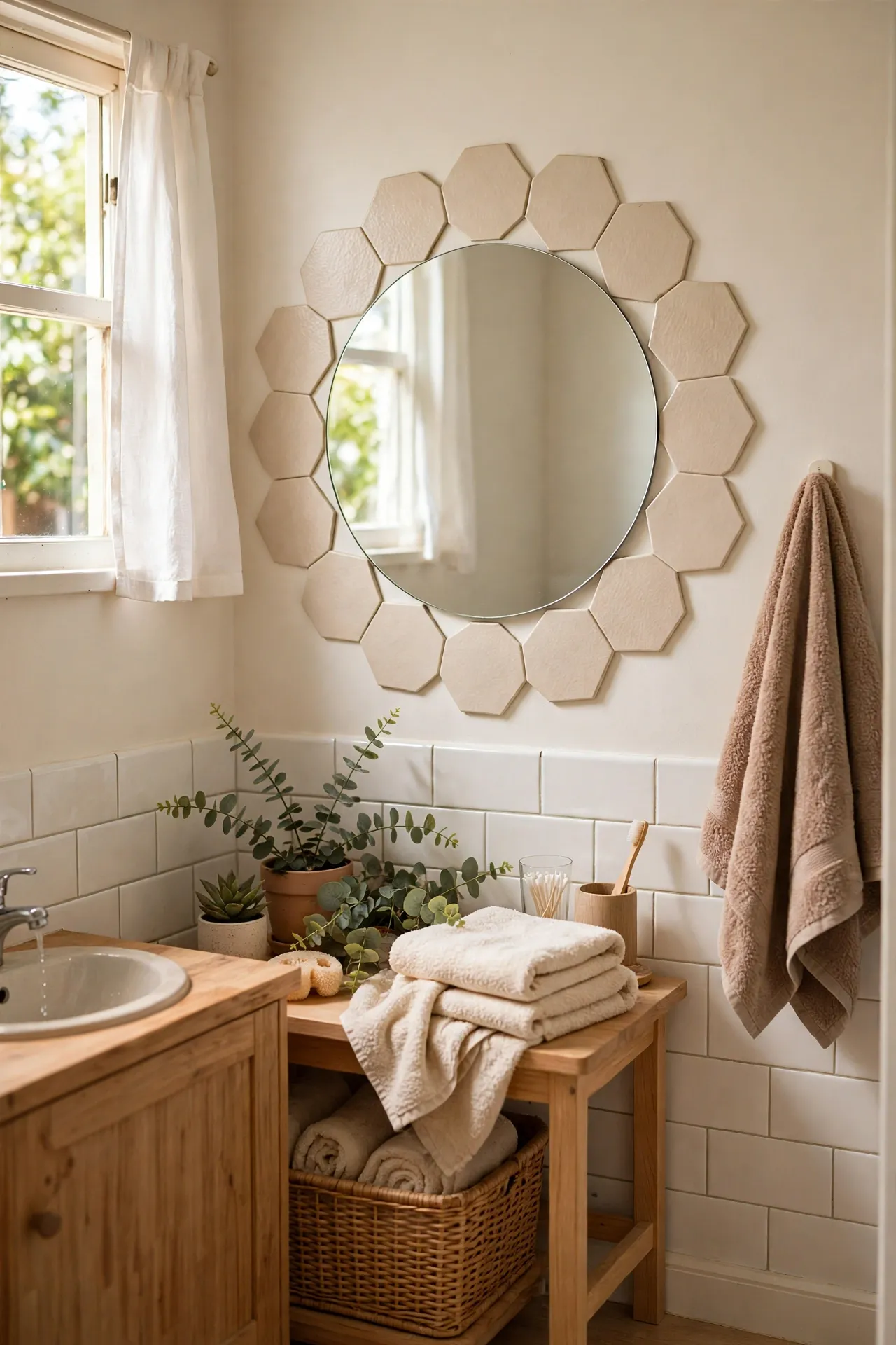 Stick-On Hexagon Tiles Around the Mirror in a budget-friendly bathroom with natural light