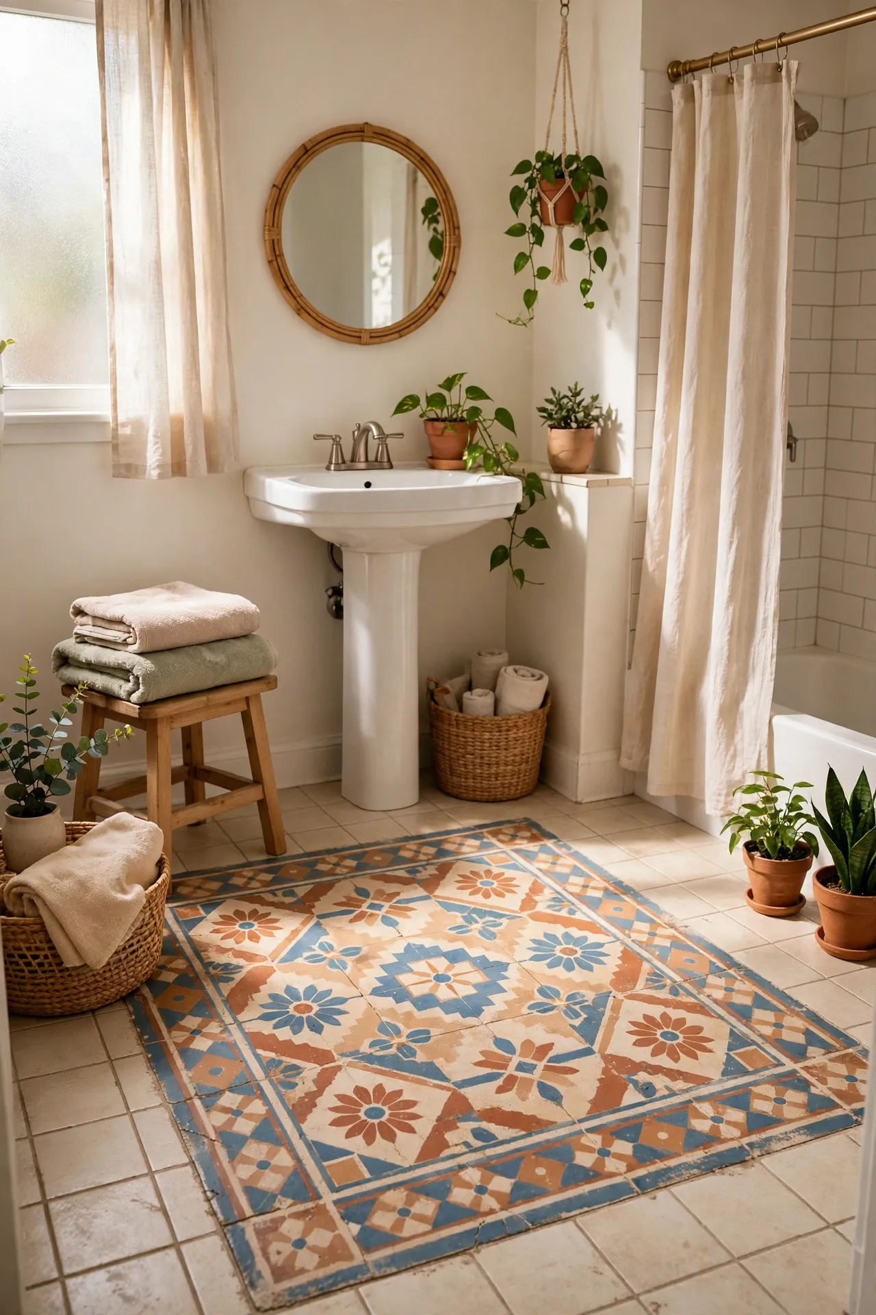 Painted Tile Rug Pattern on the Floor in a budget-friendly bathroom with natural light