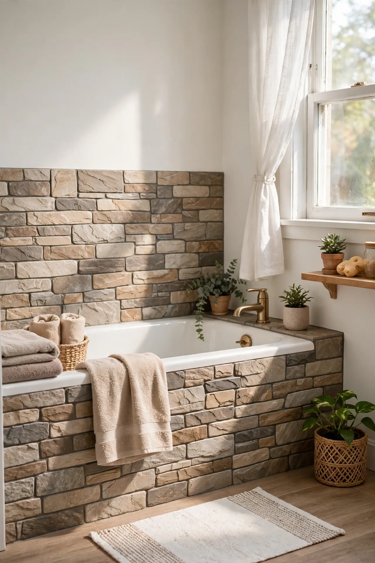 Cover the Tub Surround With Peel-and-Stick Stone Tiles in a budget-friendly bathroom with natural light