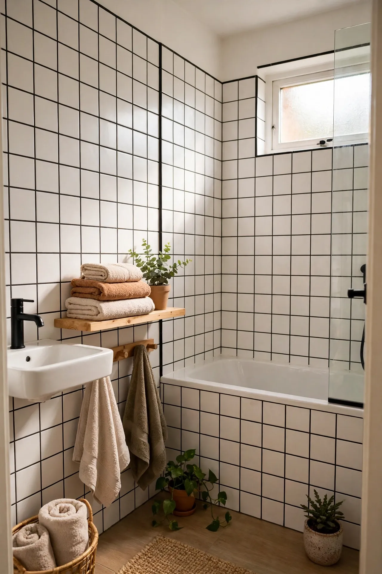 Re-colour Grout in Charcoal for Contrast in a budget-friendly bathroom with natural light