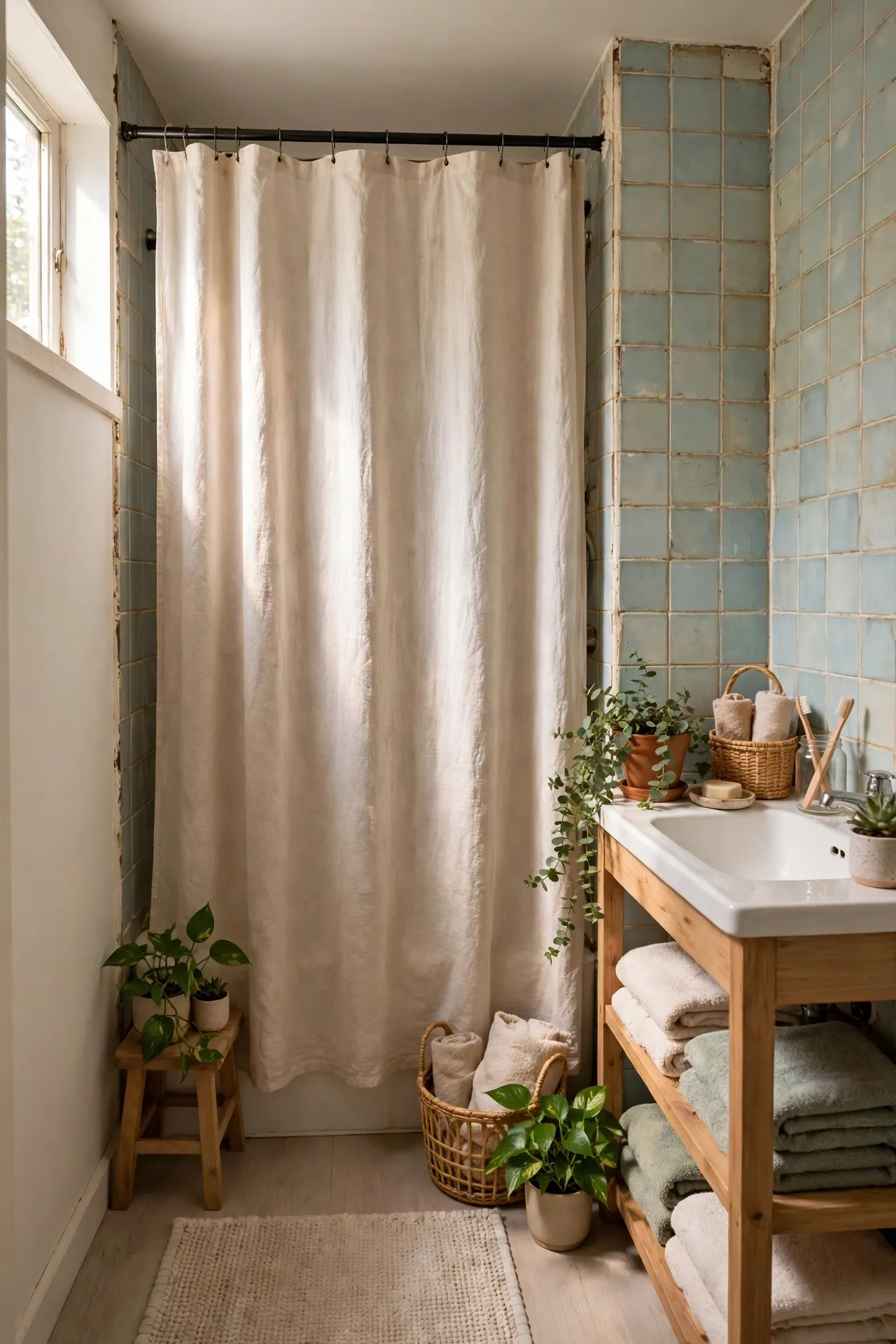 Use a Shower Curtain to Hide Tired Wall Tiles in a budget-friendly bathroom with natural light