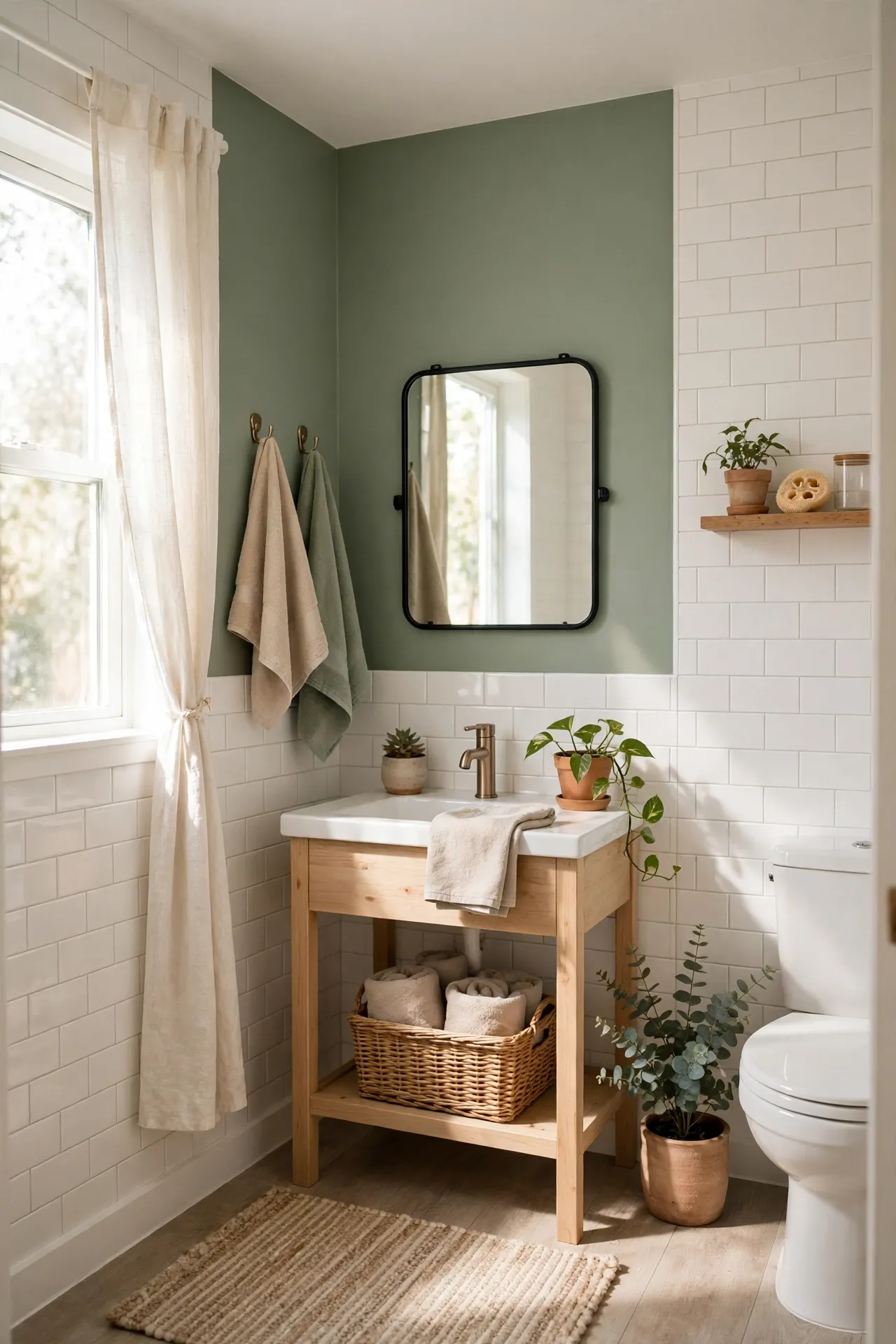 Sage Paint on One Bathroom Accent Wall in a budget-friendly bathroom with natural light