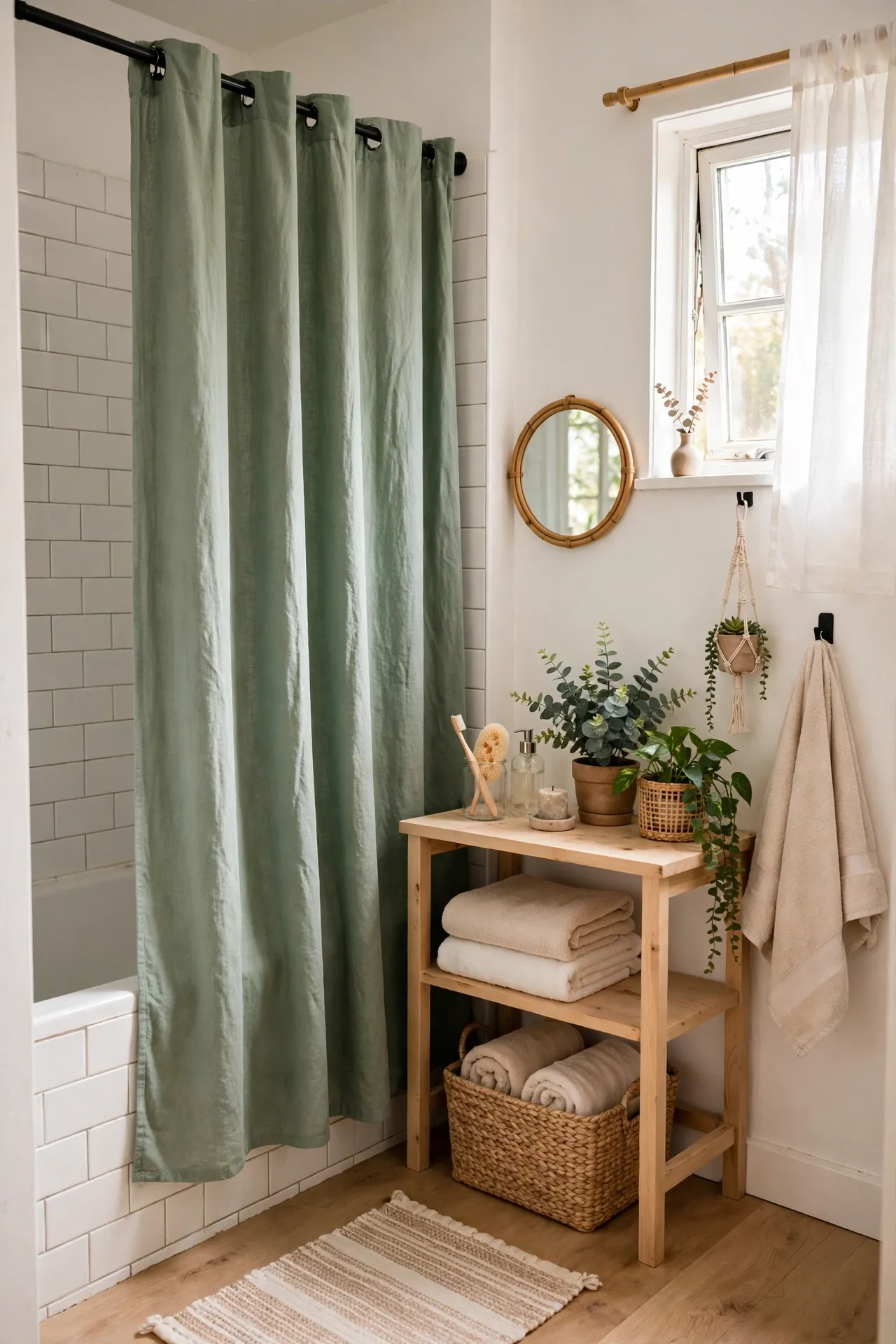 Sage Green Shower Curtain Swap in a budget-friendly bathroom with natural light