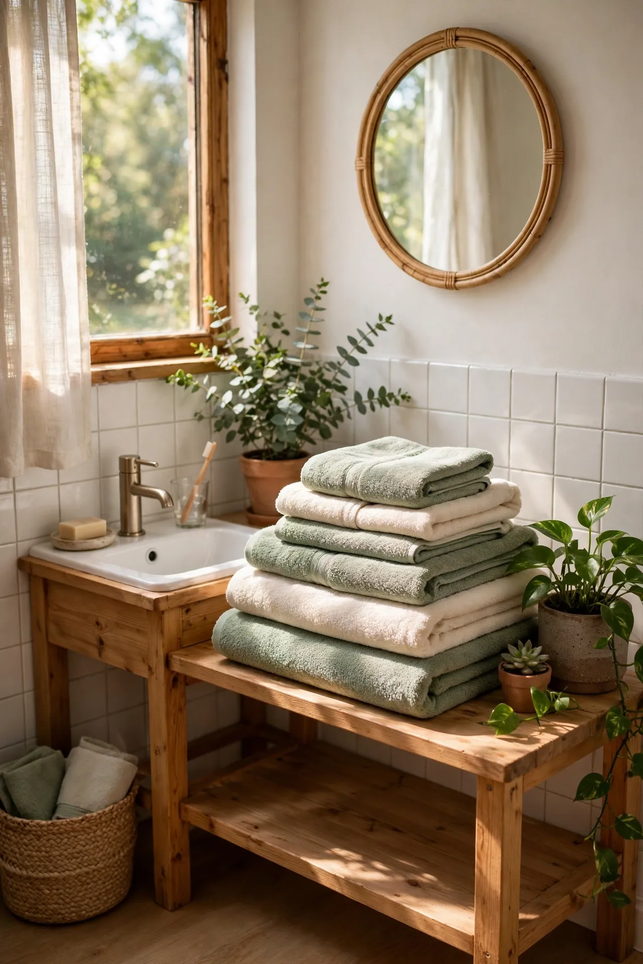 Sage Towels Layered With Cream Towels in a budget-friendly bathroom with natural light