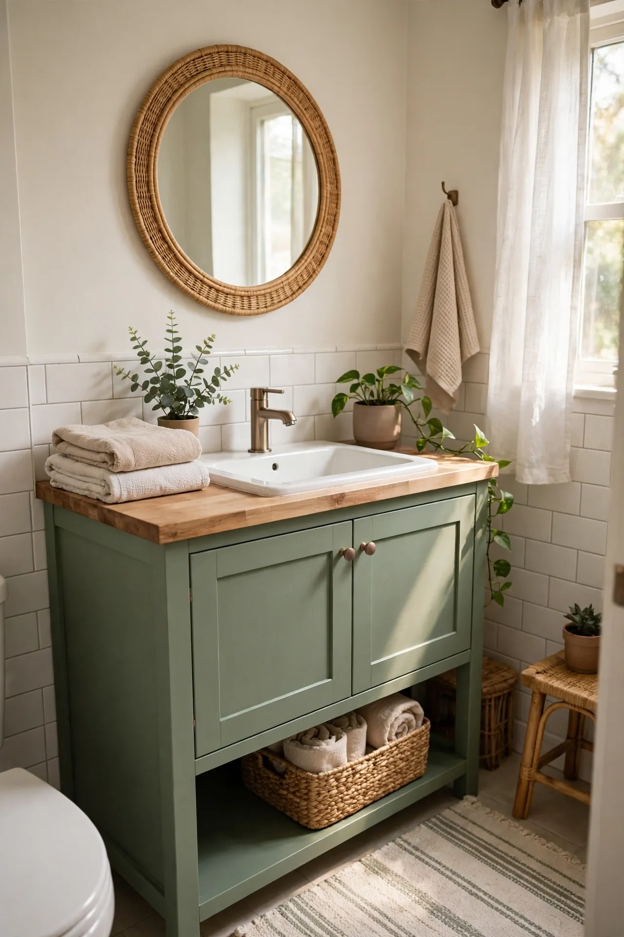 Painted Sage Vanity Cabinets in a budget-friendly bathroom with natural light