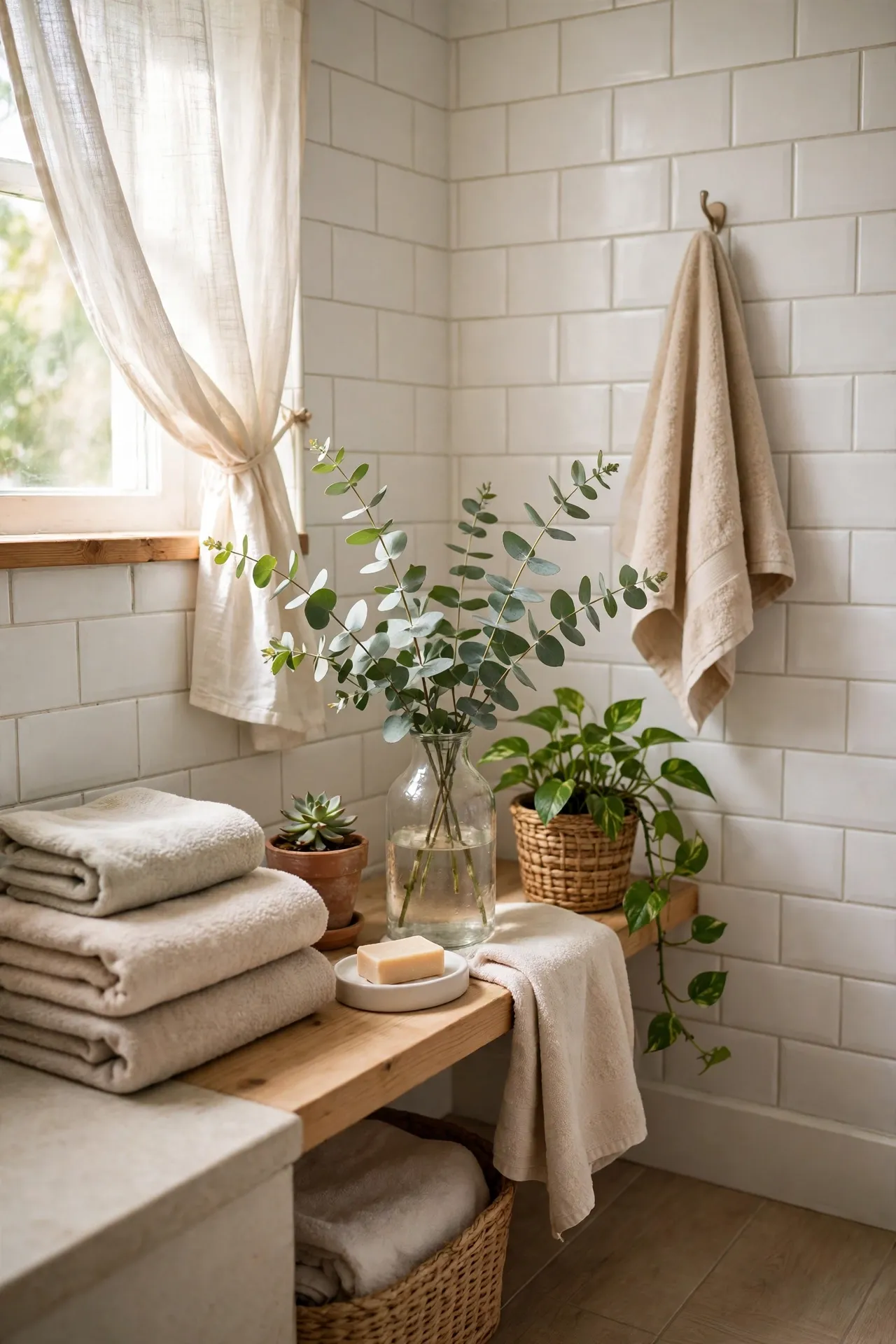Sage Eucalyptus Stems in a Glass Vase in a budget-friendly bathroom with natural light