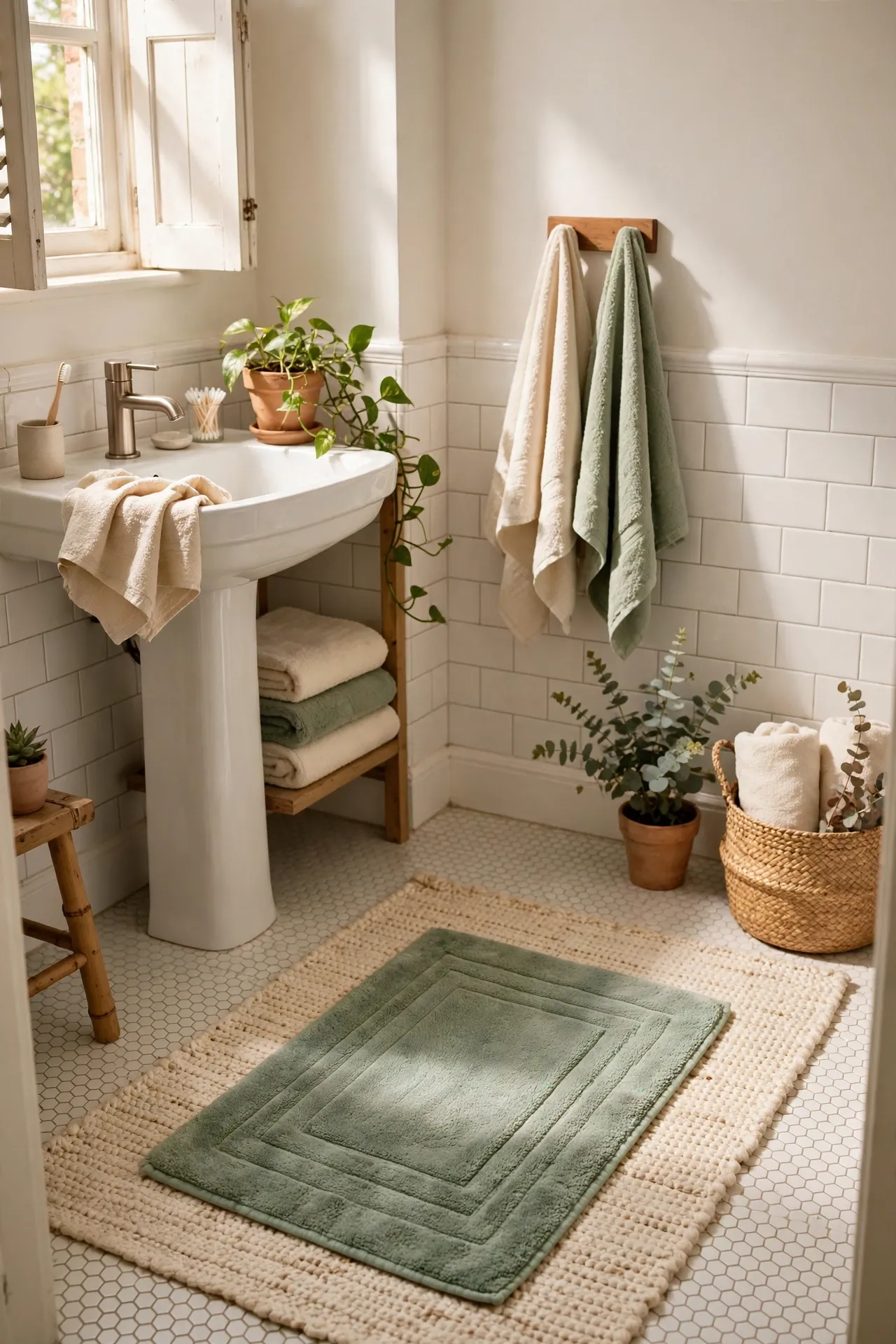 Sage Bath Mat With Cream Rug Layer in a budget-friendly bathroom with natural light