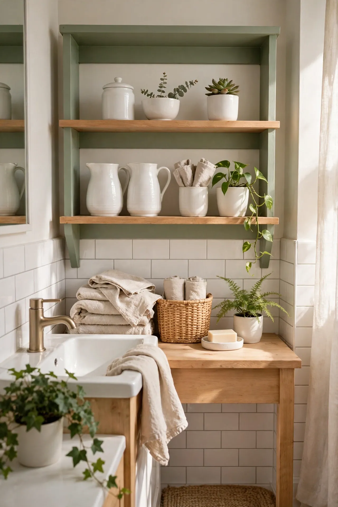 Sage Open Shelves Styled With White Ceramics in a budget-friendly bathroom with natural light