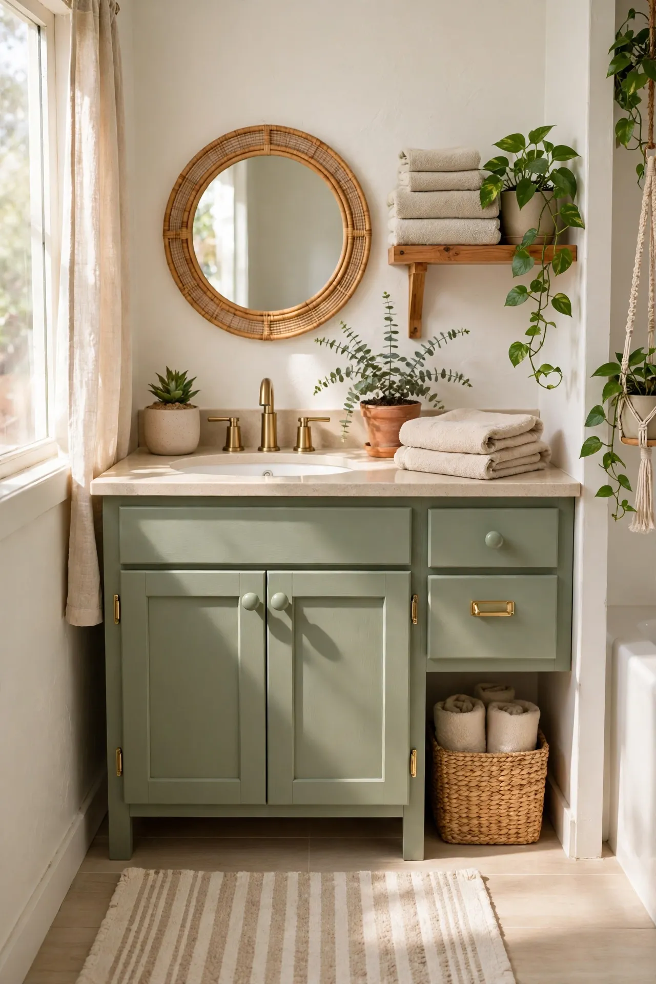 Sage Cabinet Knobs and Hardware Refresh in a budget-friendly bathroom with natural light