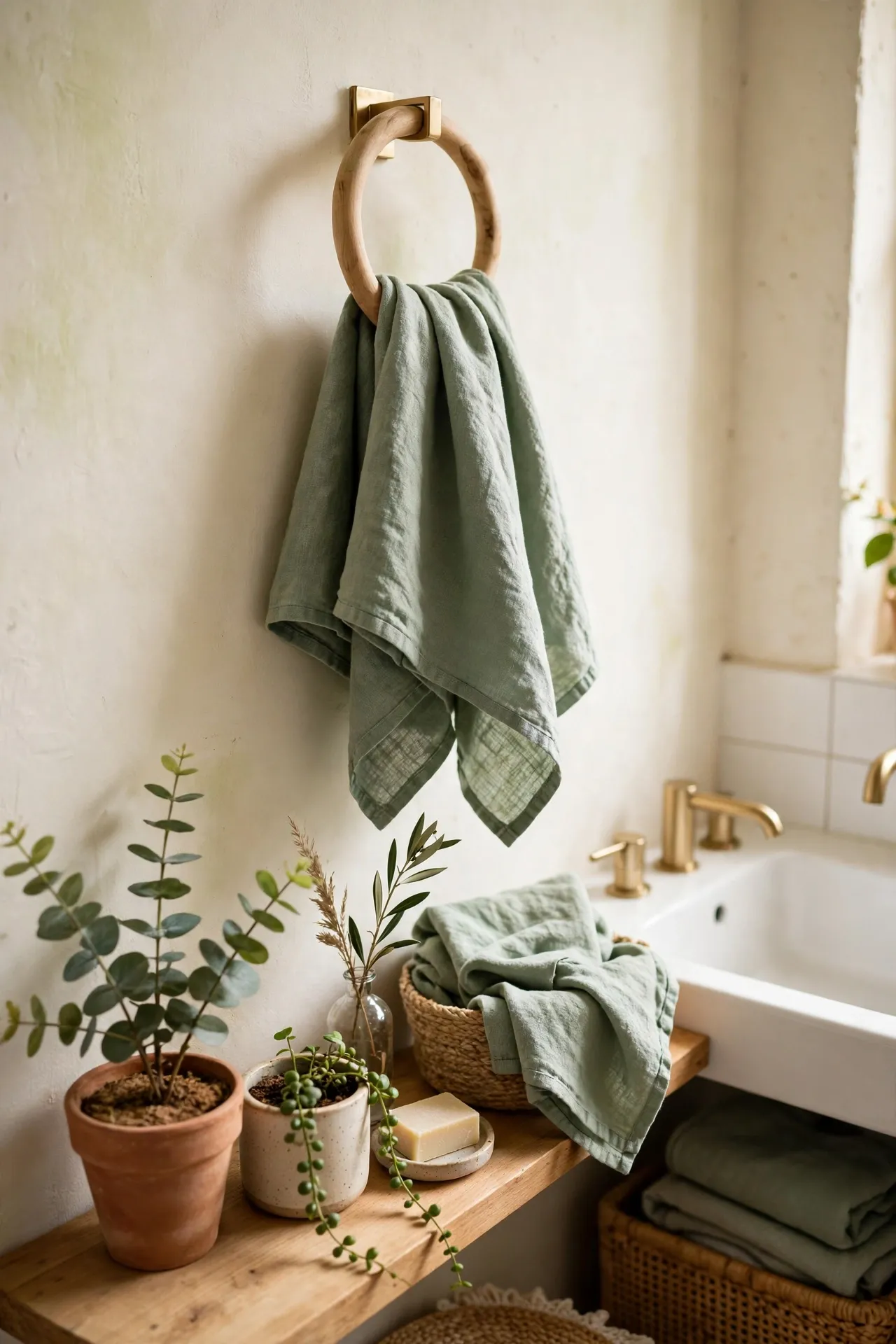 Sage Linen Hand Towels on a Wooden Ring in a budget-friendly bathroom with natural light