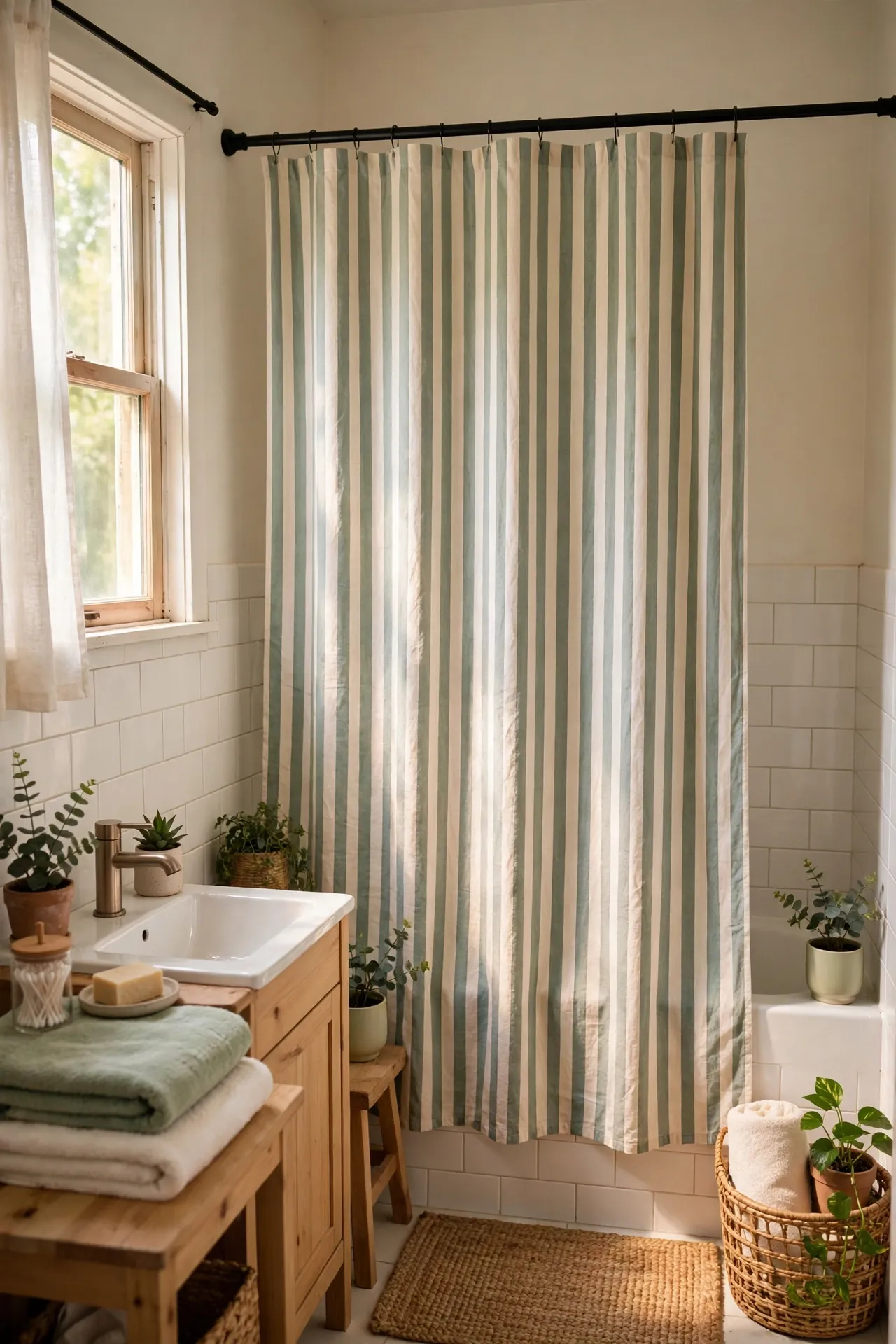 Sage and Cream Striped Shower Curtain in a budget-friendly bathroom with natural light