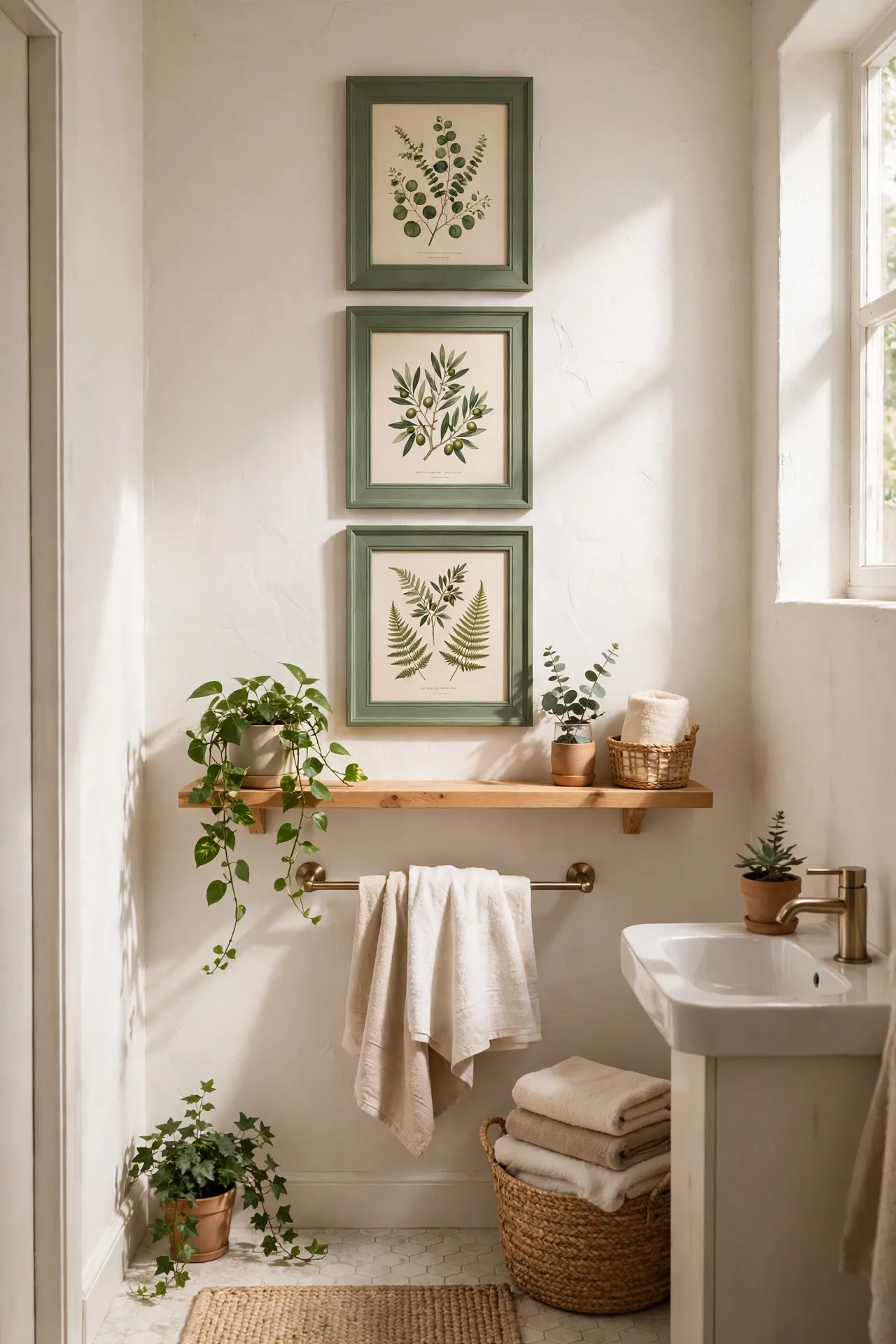 Sage Framed Botanical Prints in a budget-friendly bathroom with natural light