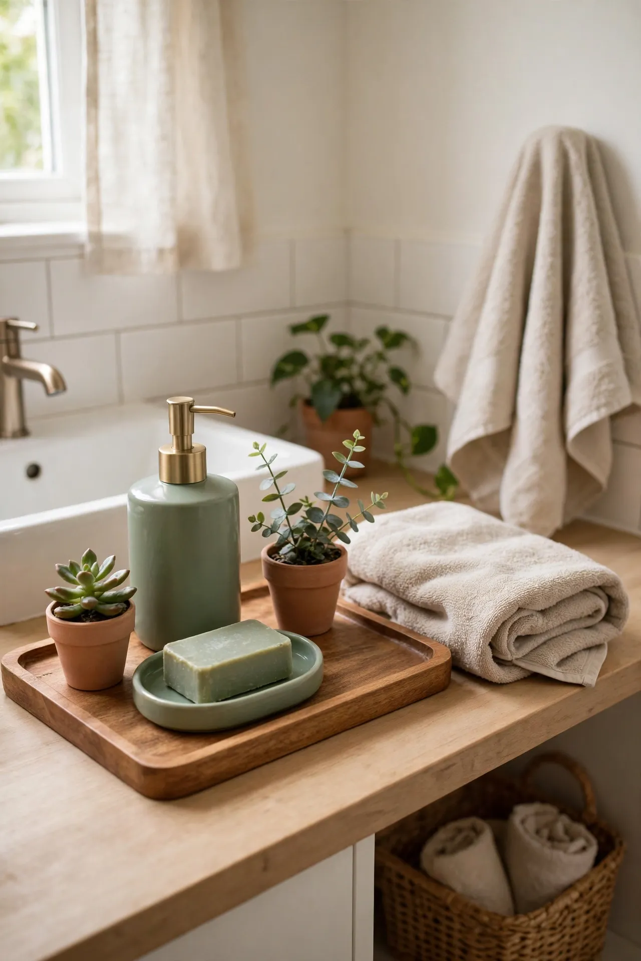 Sage Soap Dispenser Set on a Wooden Tray in a budget-friendly bathroom with natural light