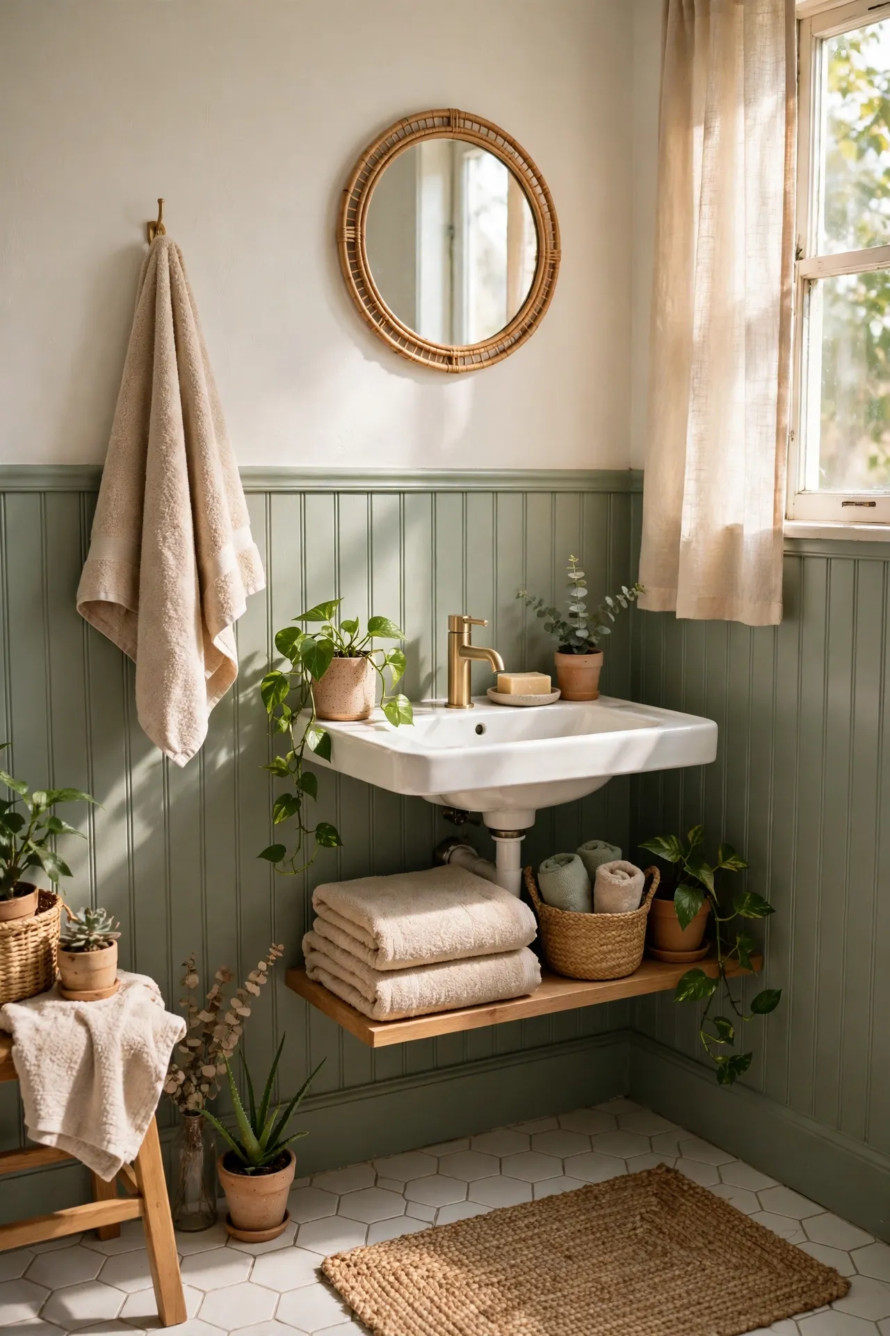Sage Beadboard Half-Wall Paint in a budget-friendly bathroom with natural light