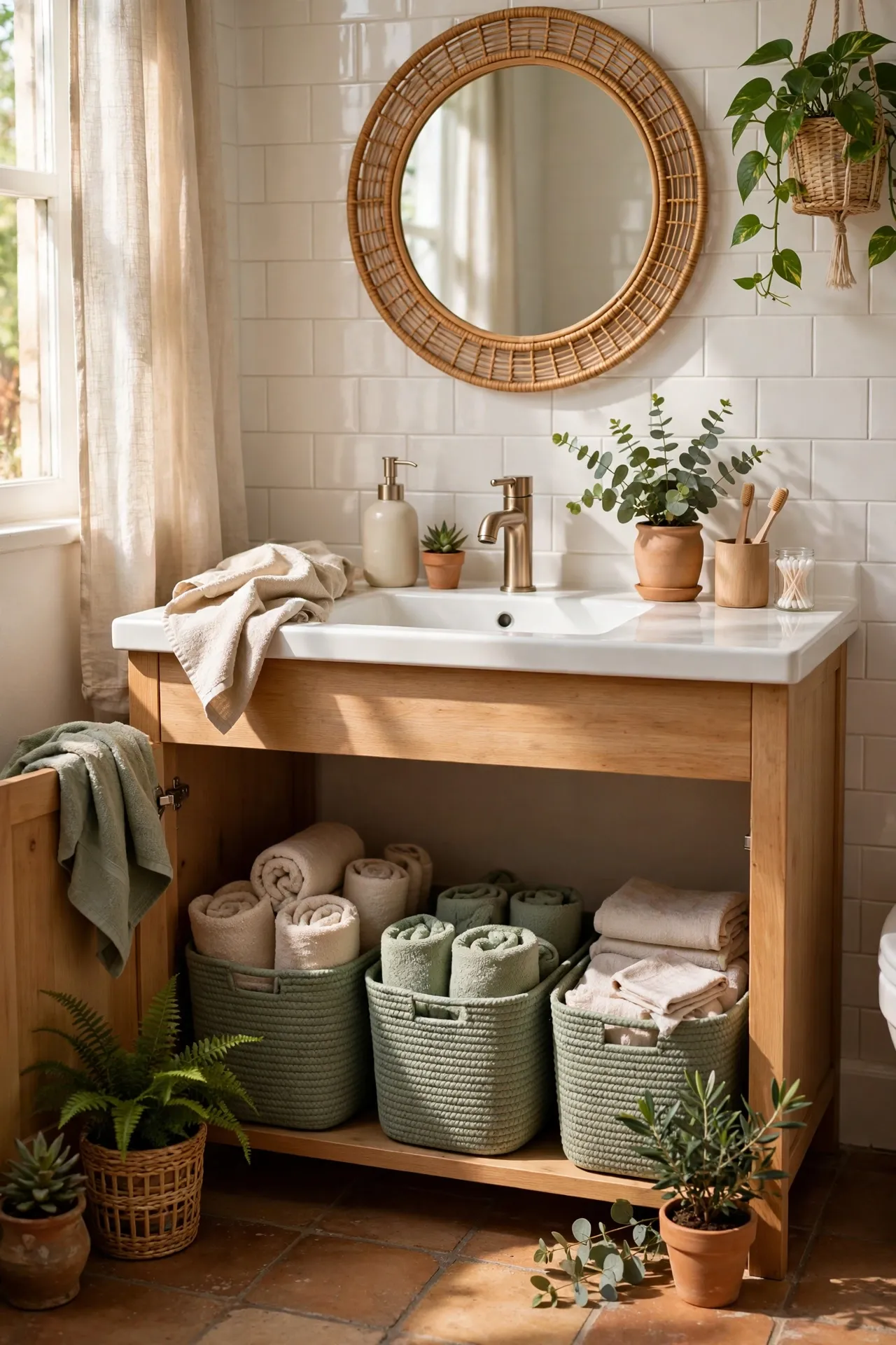 Sage Storage Baskets Under the Vanity in a budget-friendly bathroom with natural light