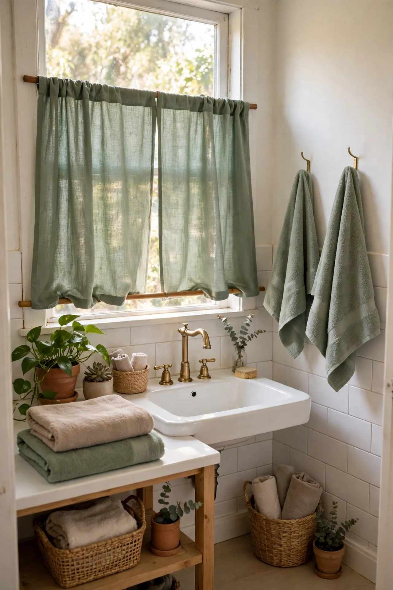 Sage Window Cafe Curtain in a budget-friendly bathroom with natural light