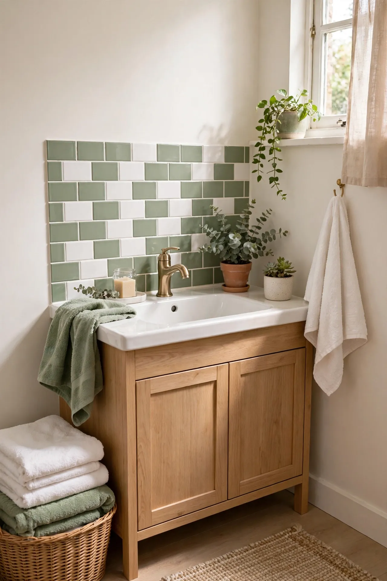 Sage and White Tile Stickers on the Splashback in a budget-friendly bathroom with natural light