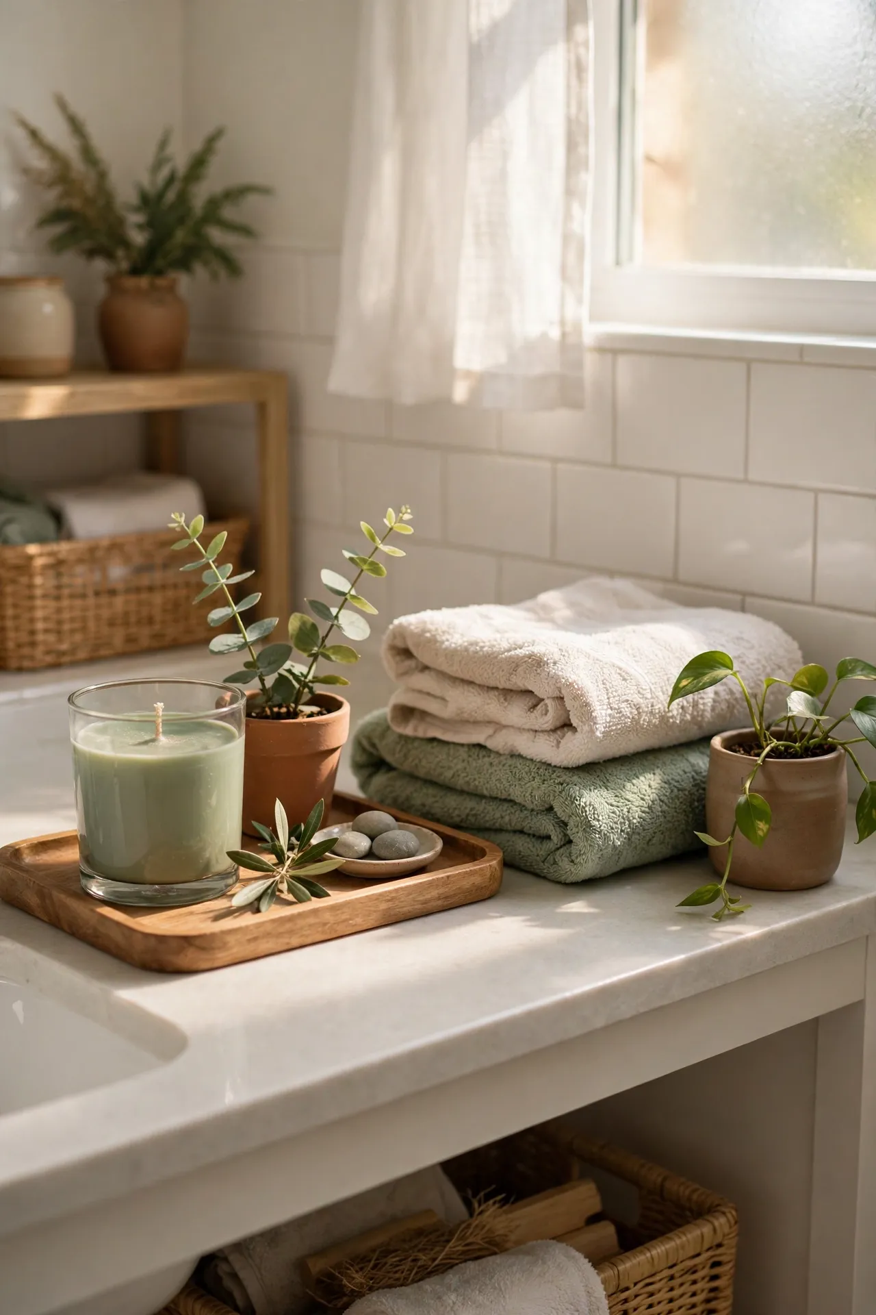 Sage Candle and Tray Vignette in a budget-friendly bathroom with natural light