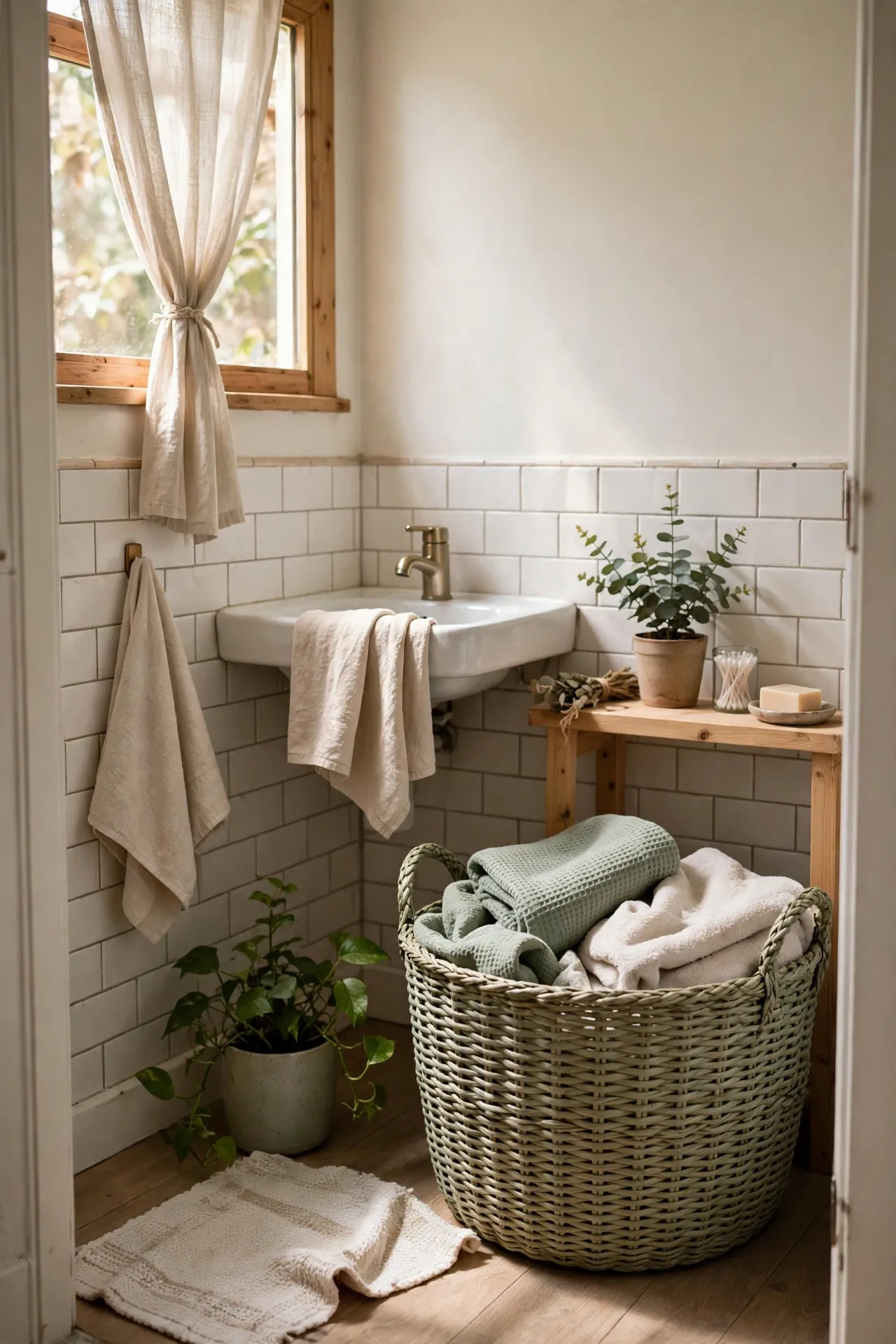 Sage Woven Laundry Basket in a budget-friendly bathroom with natural light