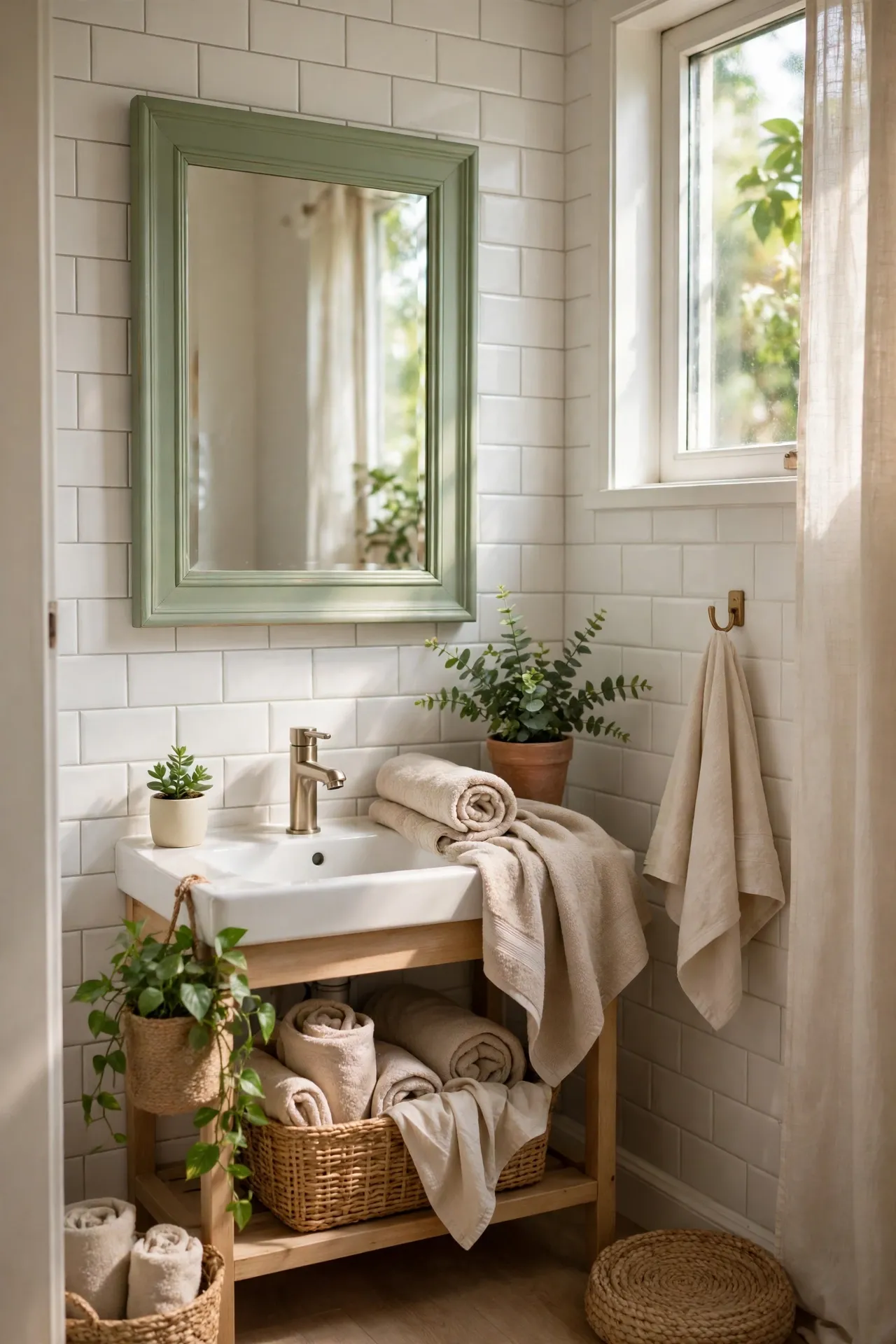 Sage Painted Mirror Frame in a budget-friendly bathroom with natural light