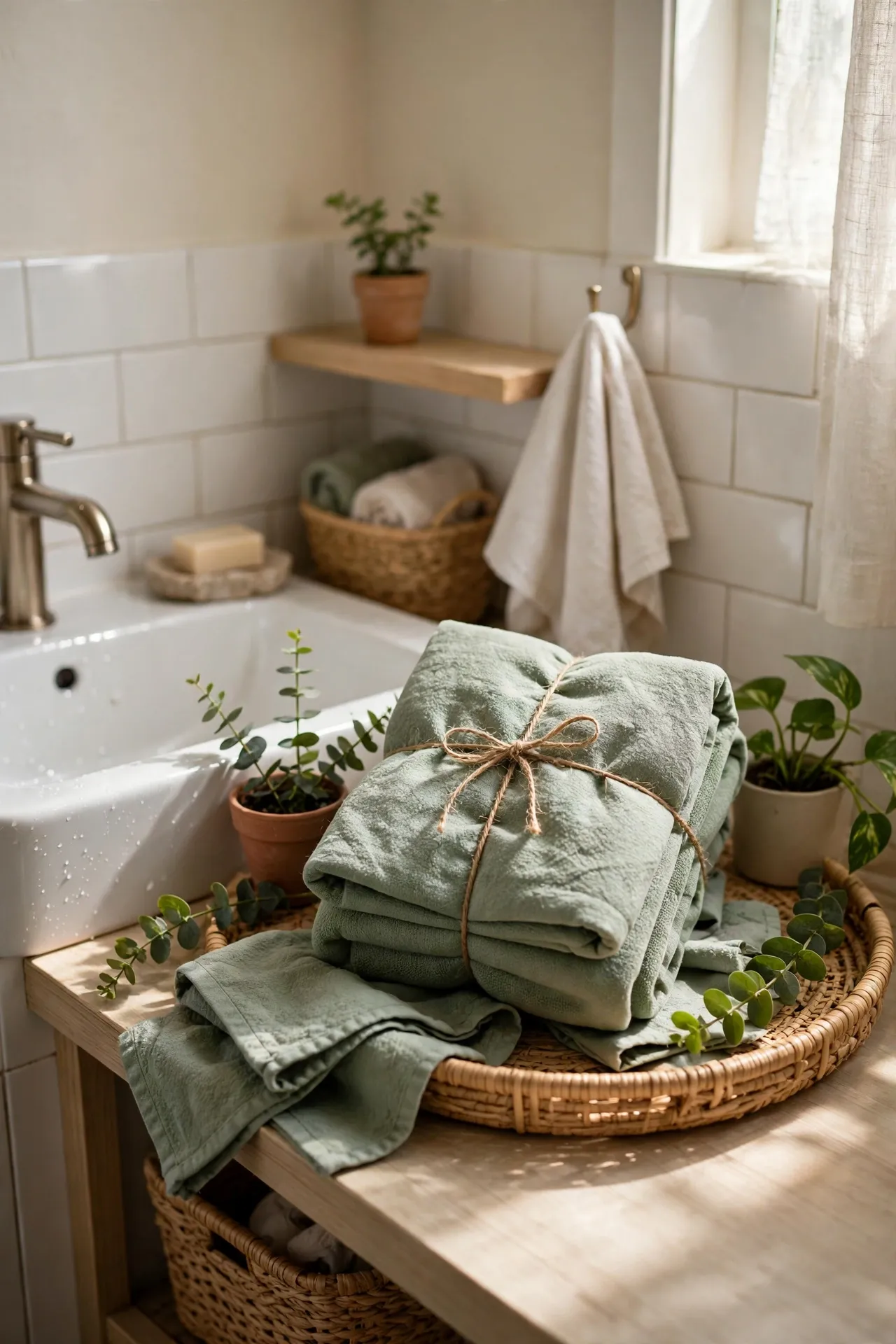 Sage Guest Towel Bundle Tied With Twine in a budget-friendly bathroom with natural light