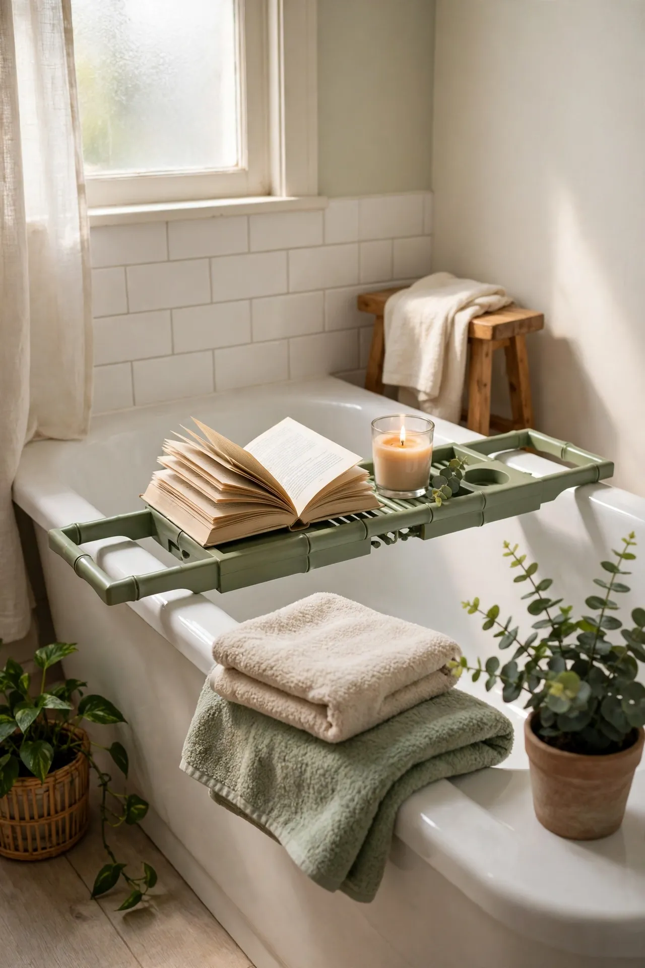 Sage Bath Caddy With a Book and Candle in a budget-friendly bathroom with natural light
