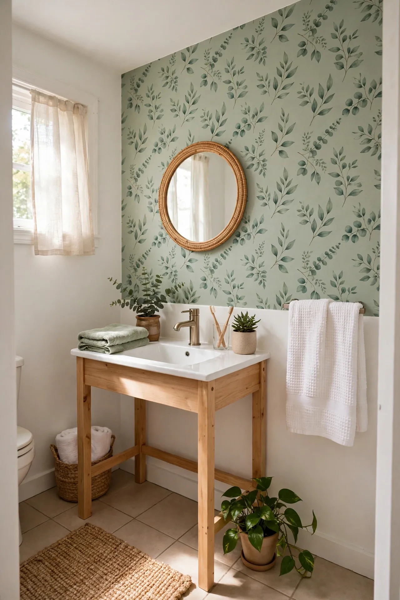 Sage Peel-and-Stick Wallpaper Accent in a budget-friendly bathroom with natural light