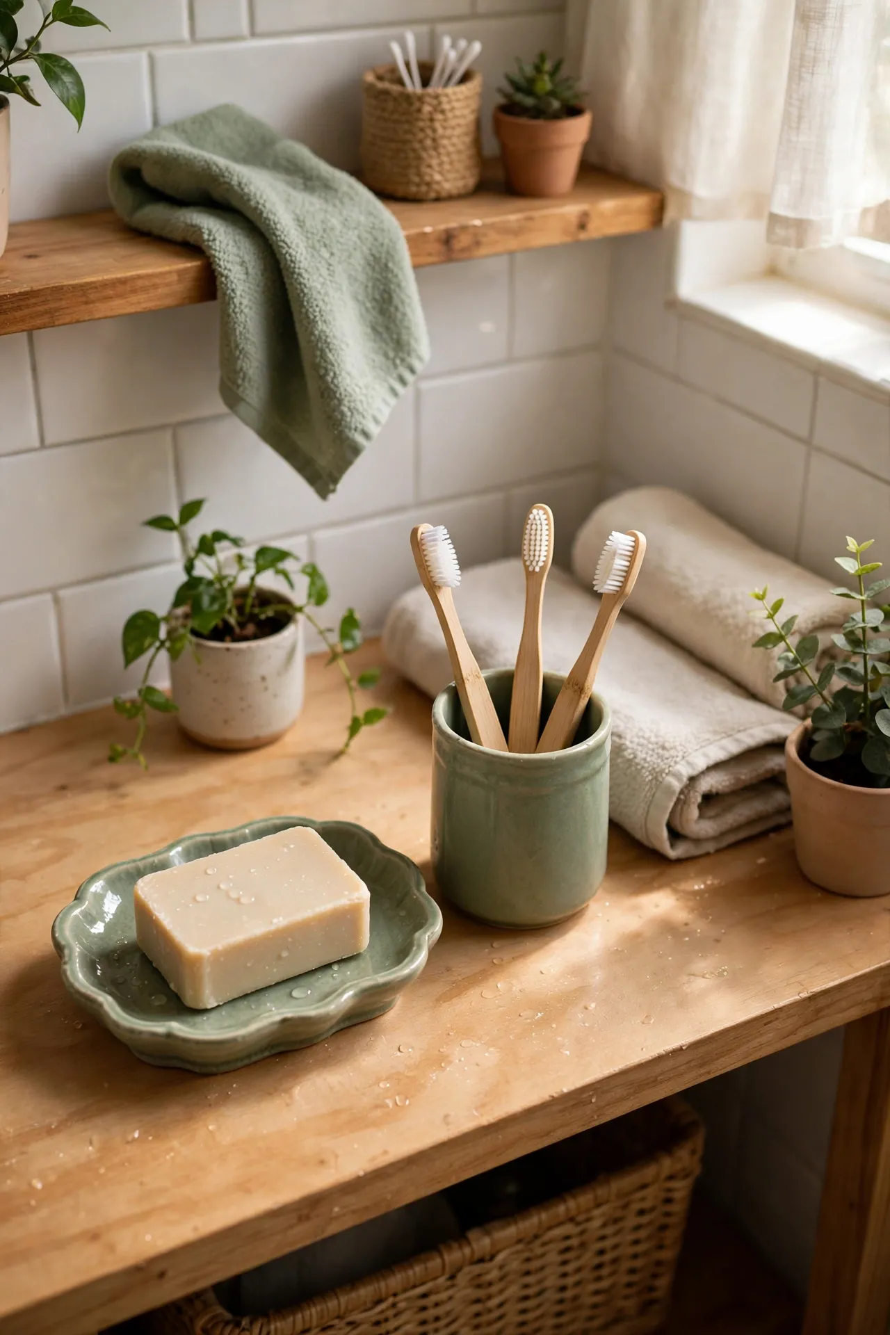 Sage Ceramic Soap Dish and Toothbrush Cup in a budget-friendly bathroom with natural light