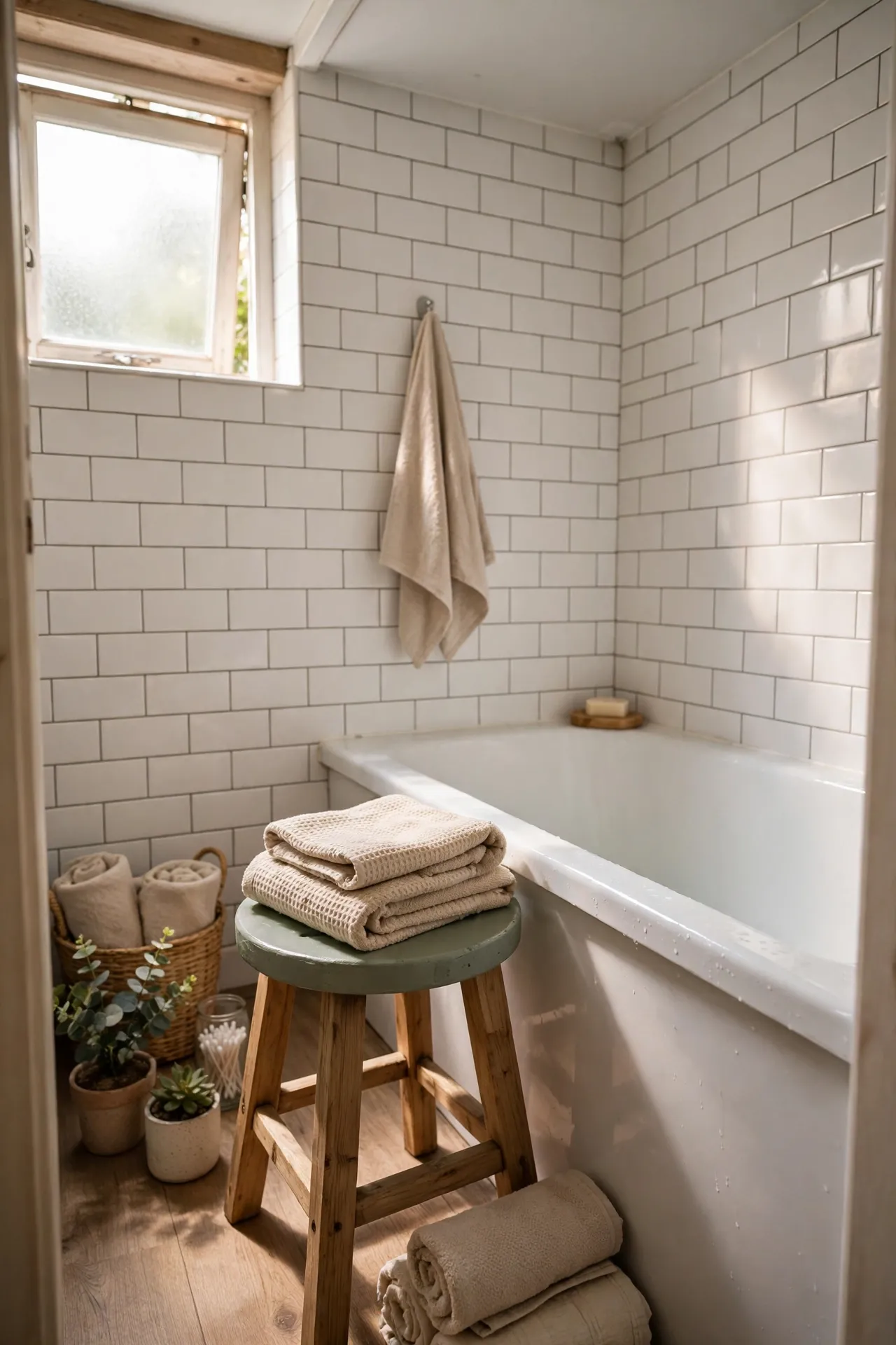 Sage and Timber Stool Beside the Tub in a budget-friendly bathroom with natural light