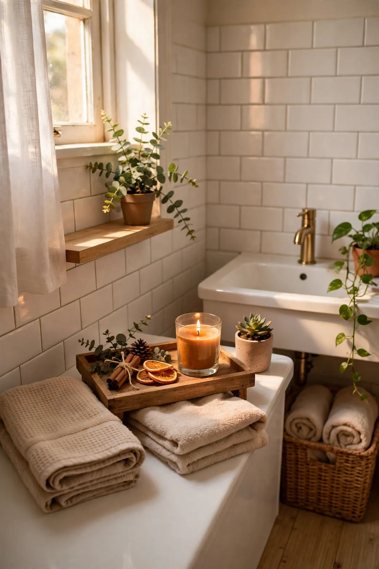 Pumpkin-Spice Scented Candle and Tray in a budget-friendly bathroom with natural light