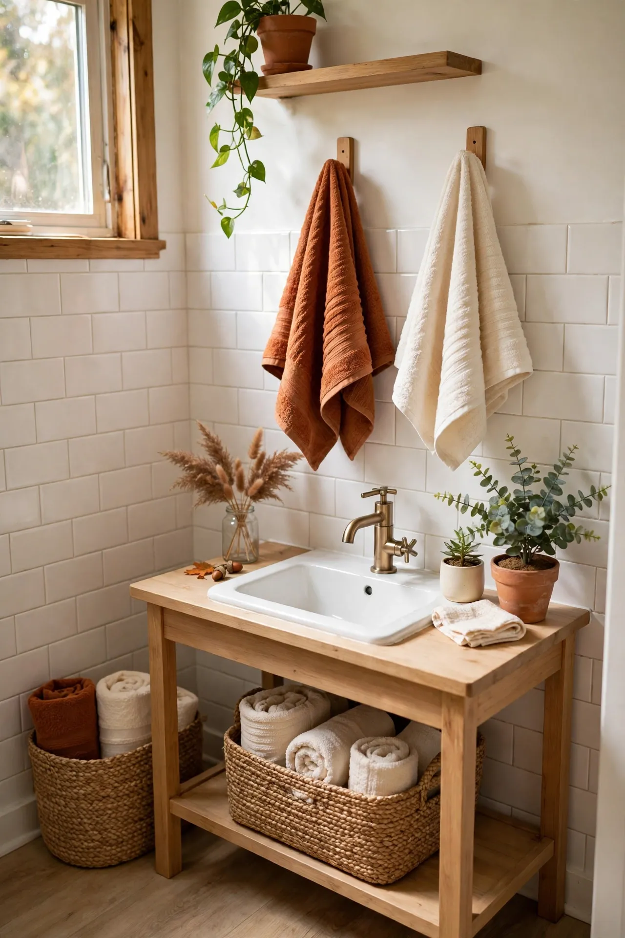 Rust and Cream Towel Swap for Fall in a budget-friendly bathroom with natural light
