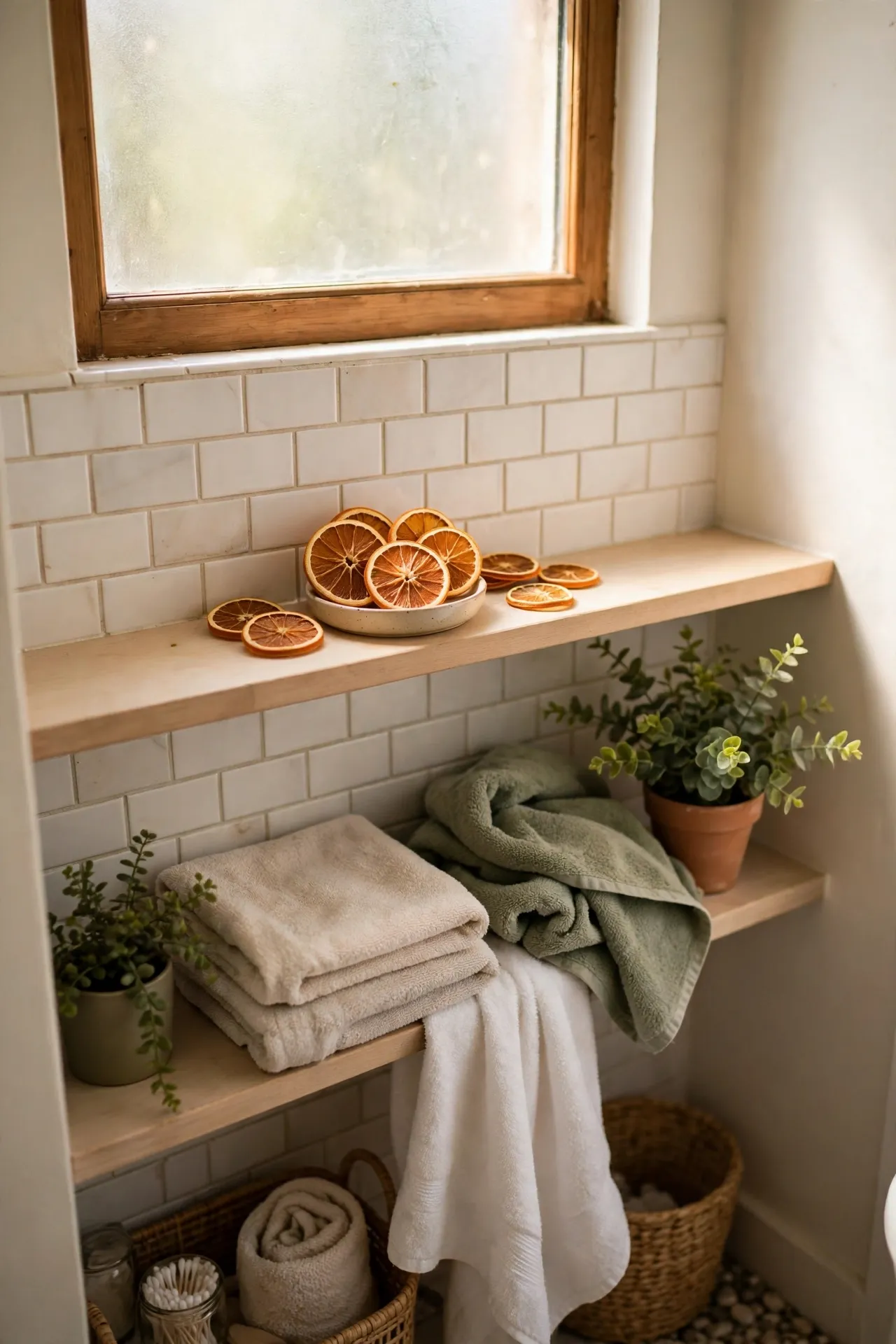 Dried Orange Slices on a Bathroom Shelf in a budget-friendly bathroom with natural light