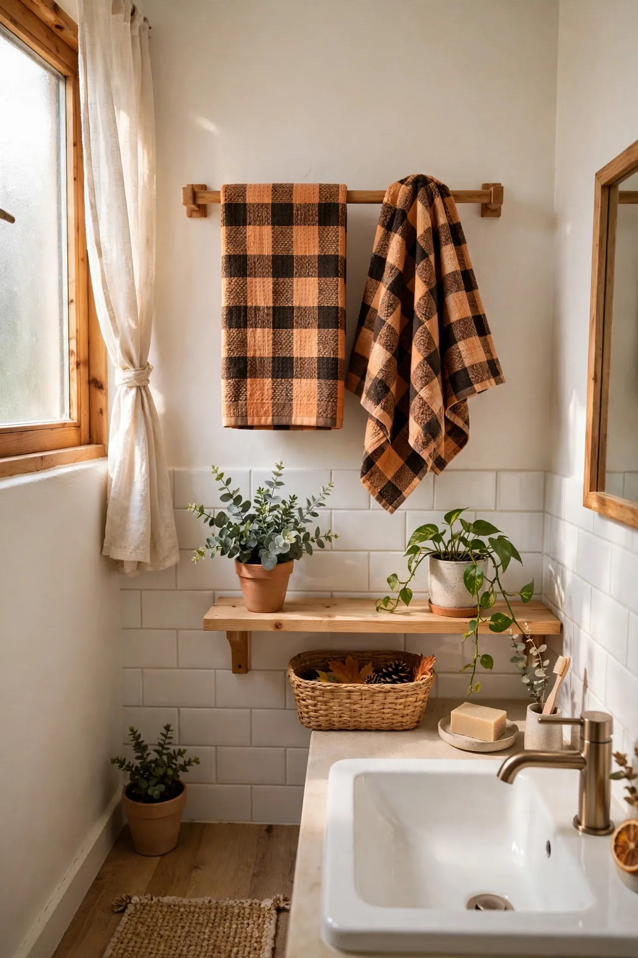 Plaid Hand Towels for Autumn Mornings in a budget-friendly bathroom with natural light