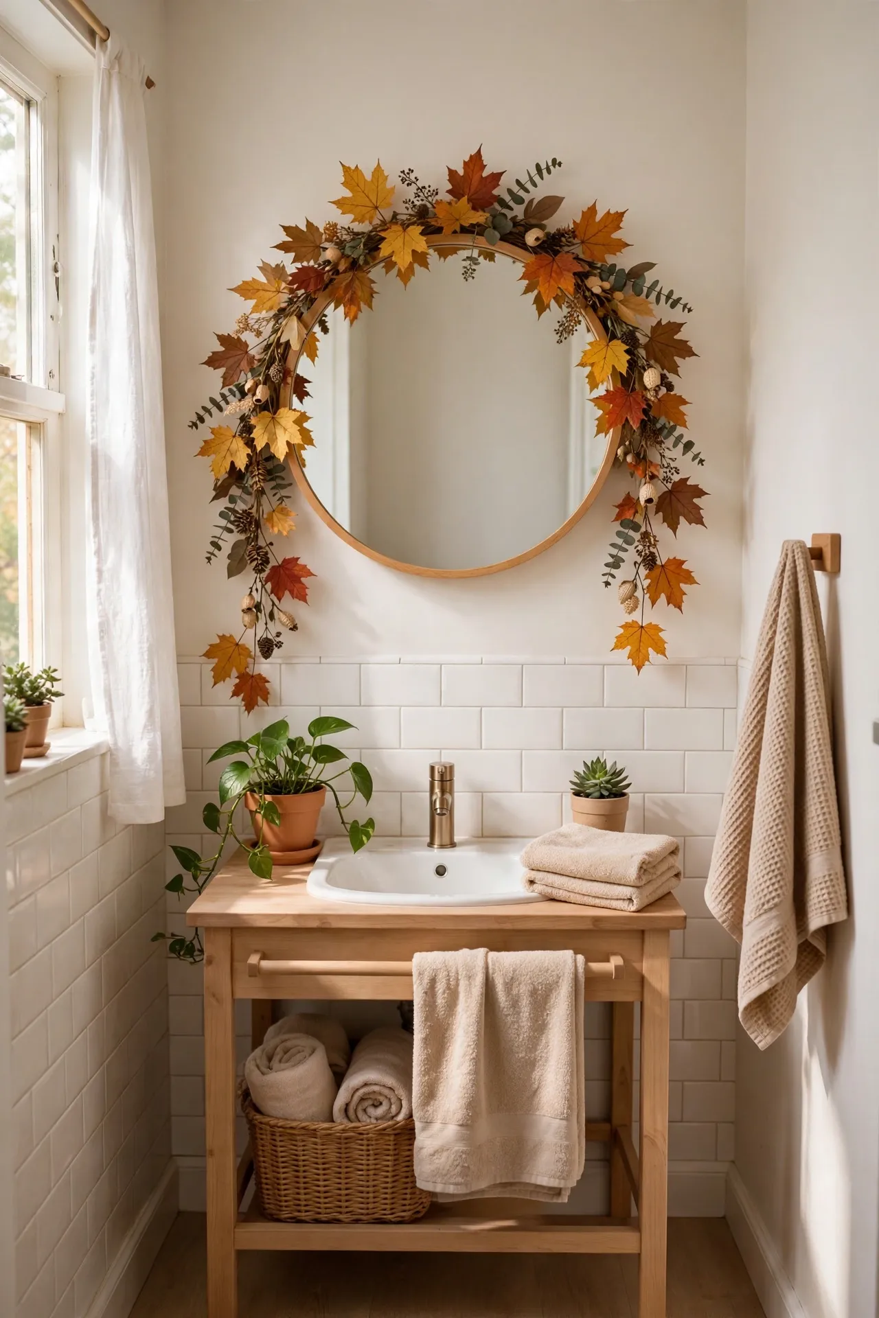 Fall Leaf Garland Over the Mirror in a budget-friendly bathroom with natural light