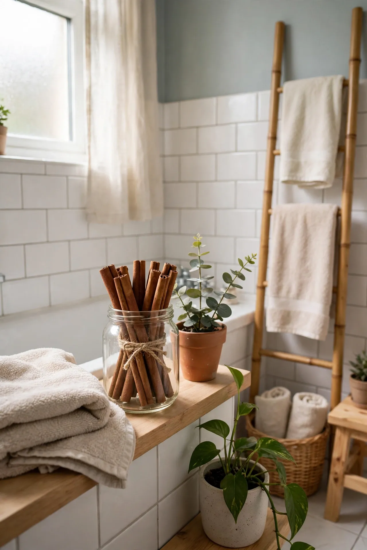 Cinnamon Stick Bundle in a Glass Jar in a budget-friendly bathroom with natural light