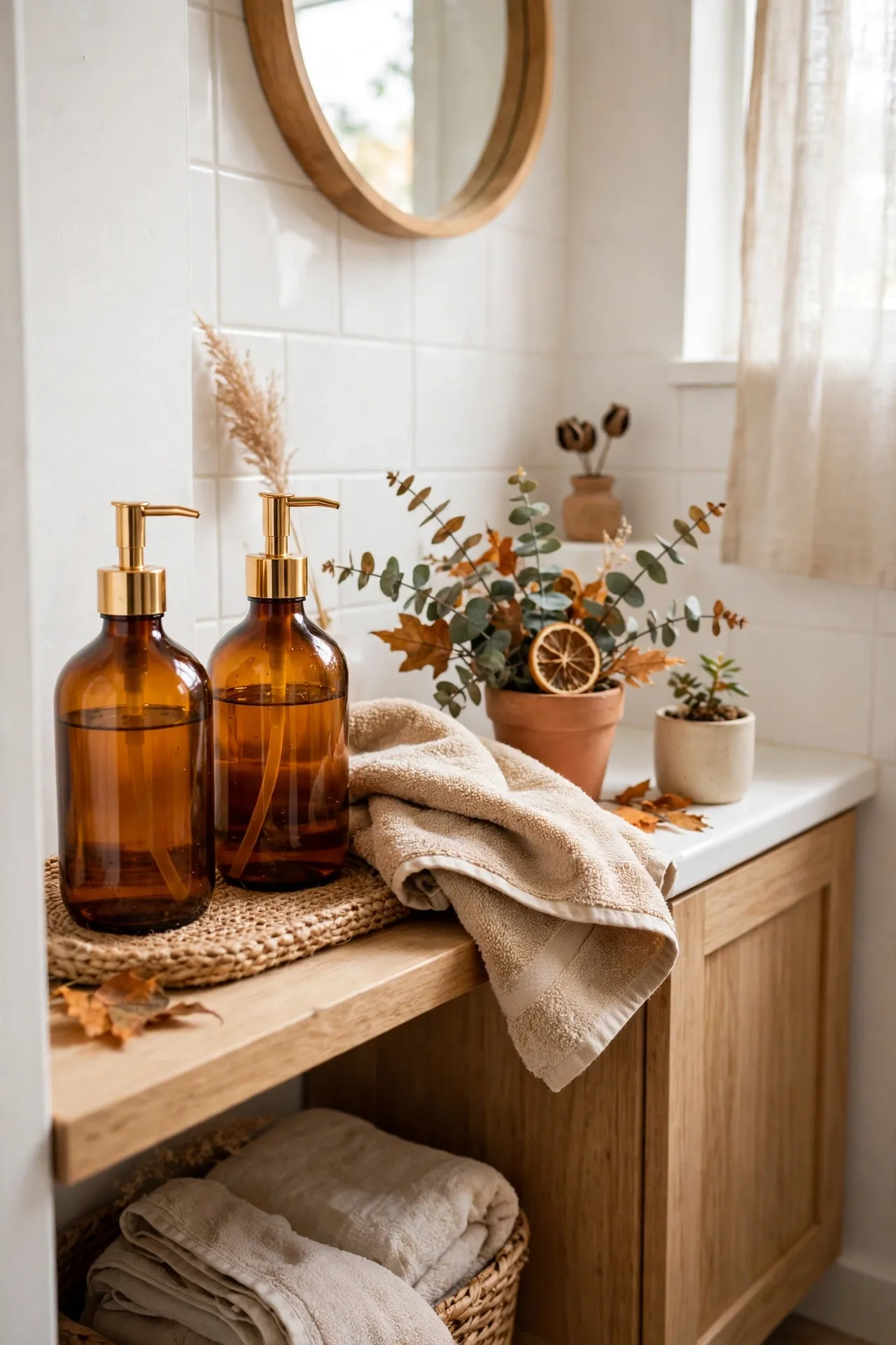 Amber Glass Soap Dispensers for Fall in a budget-friendly bathroom with natural light