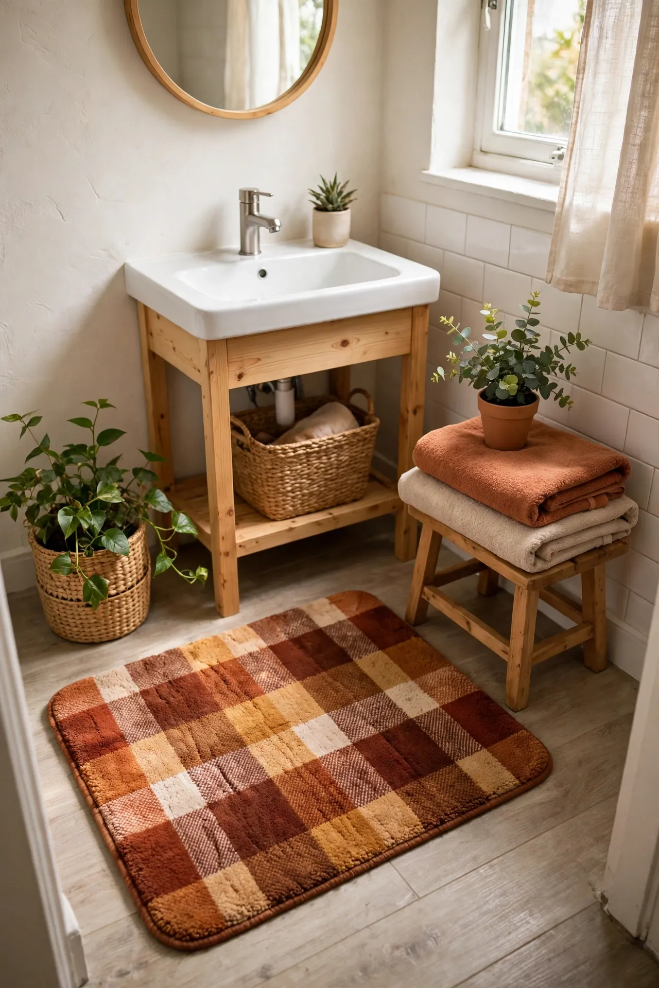 Cozy Flannel Bath Mat in Warm Tones in a budget-friendly bathroom with natural light