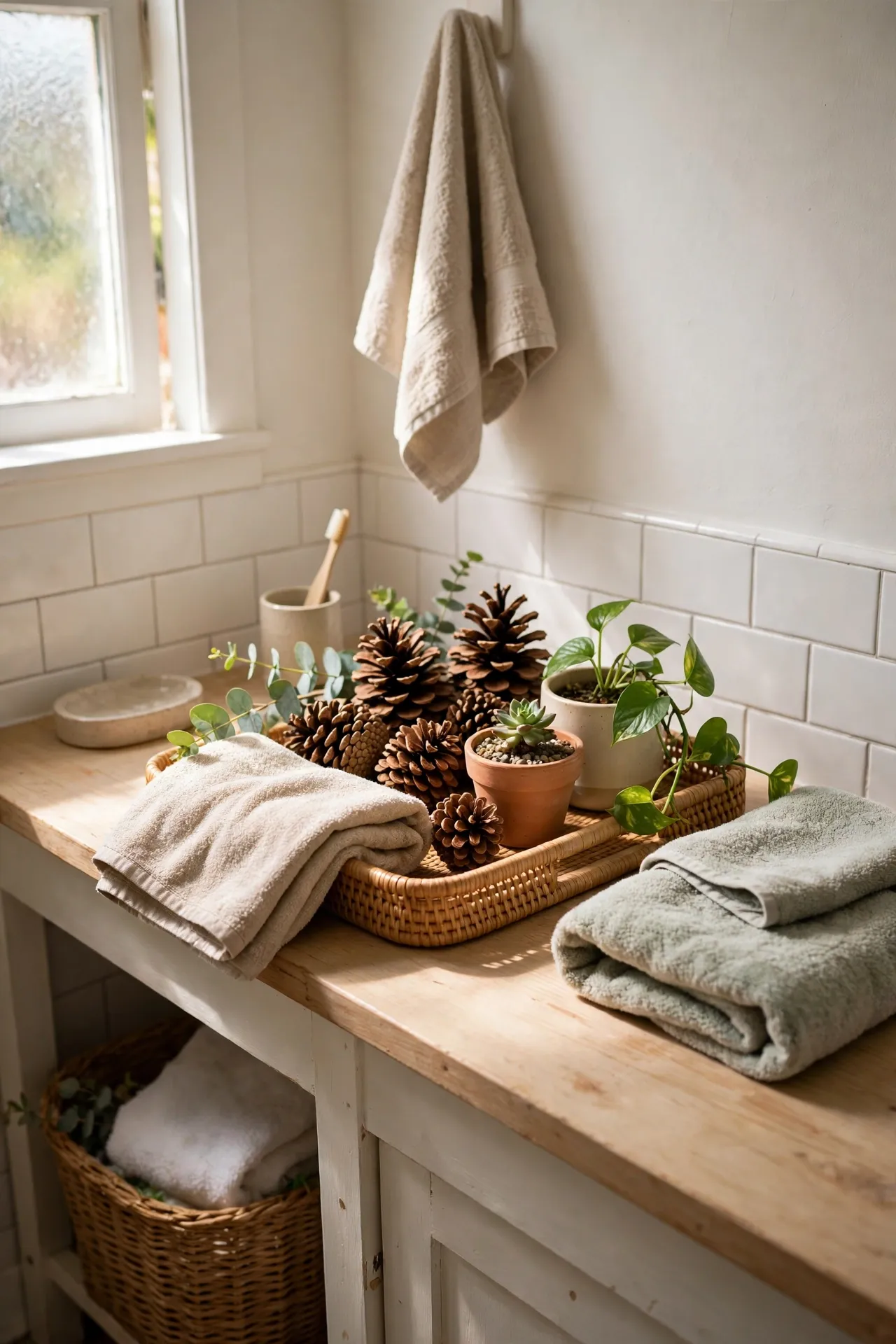 Pinecone Vignette on the Vanity Tray in a budget-friendly bathroom with natural light
