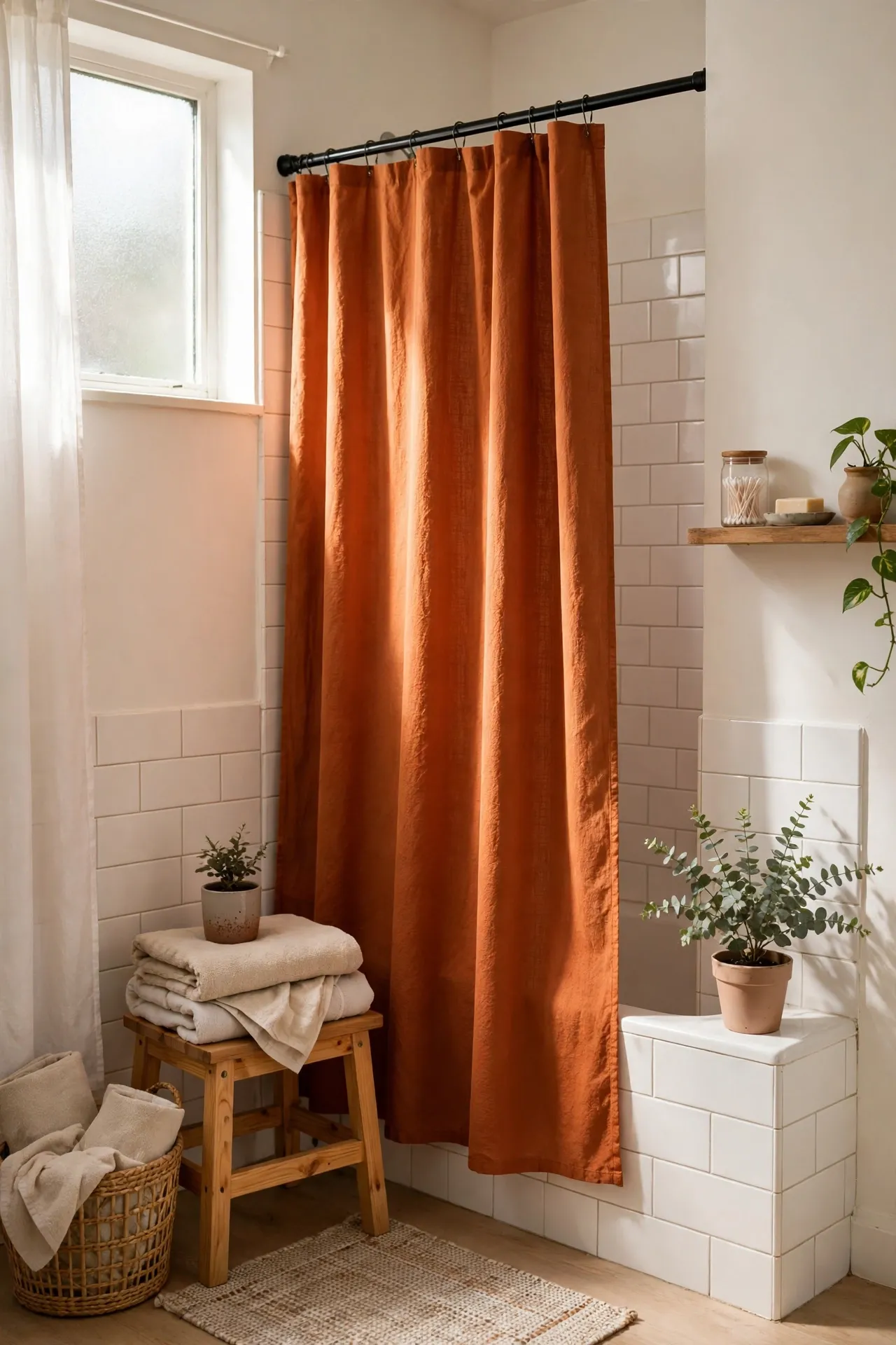 Burnt Orange Shower Curtain for the Season in a budget-friendly bathroom with natural light