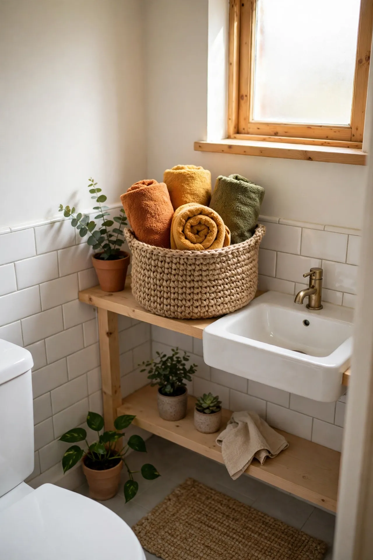Knitted Basket for Rolled Fall Towels in a budget-friendly bathroom with natural light