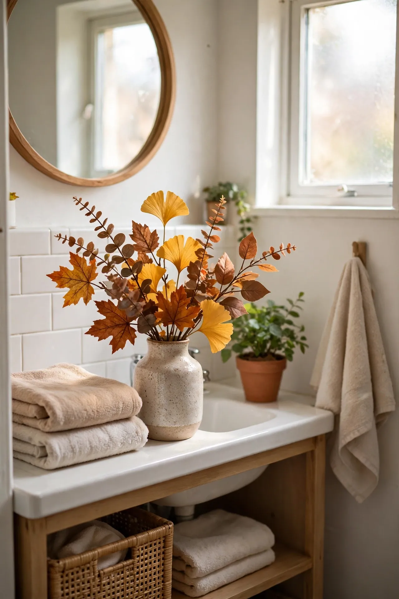 Faux Fall Foliage in a Ceramic Vase in a budget-friendly bathroom with natural light