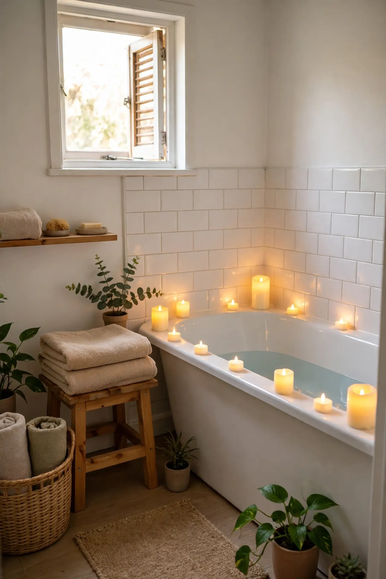 Warm LED Candles Around the Tub in a budget-friendly bathroom with natural light