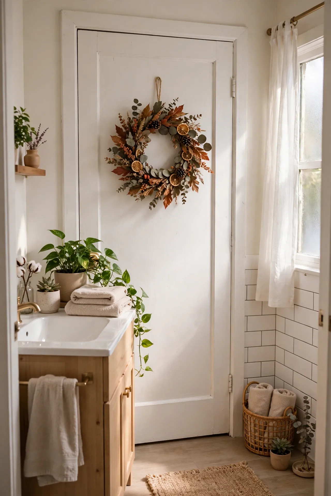 Fall Wreath on the Bathroom Door in a budget-friendly bathroom with natural light